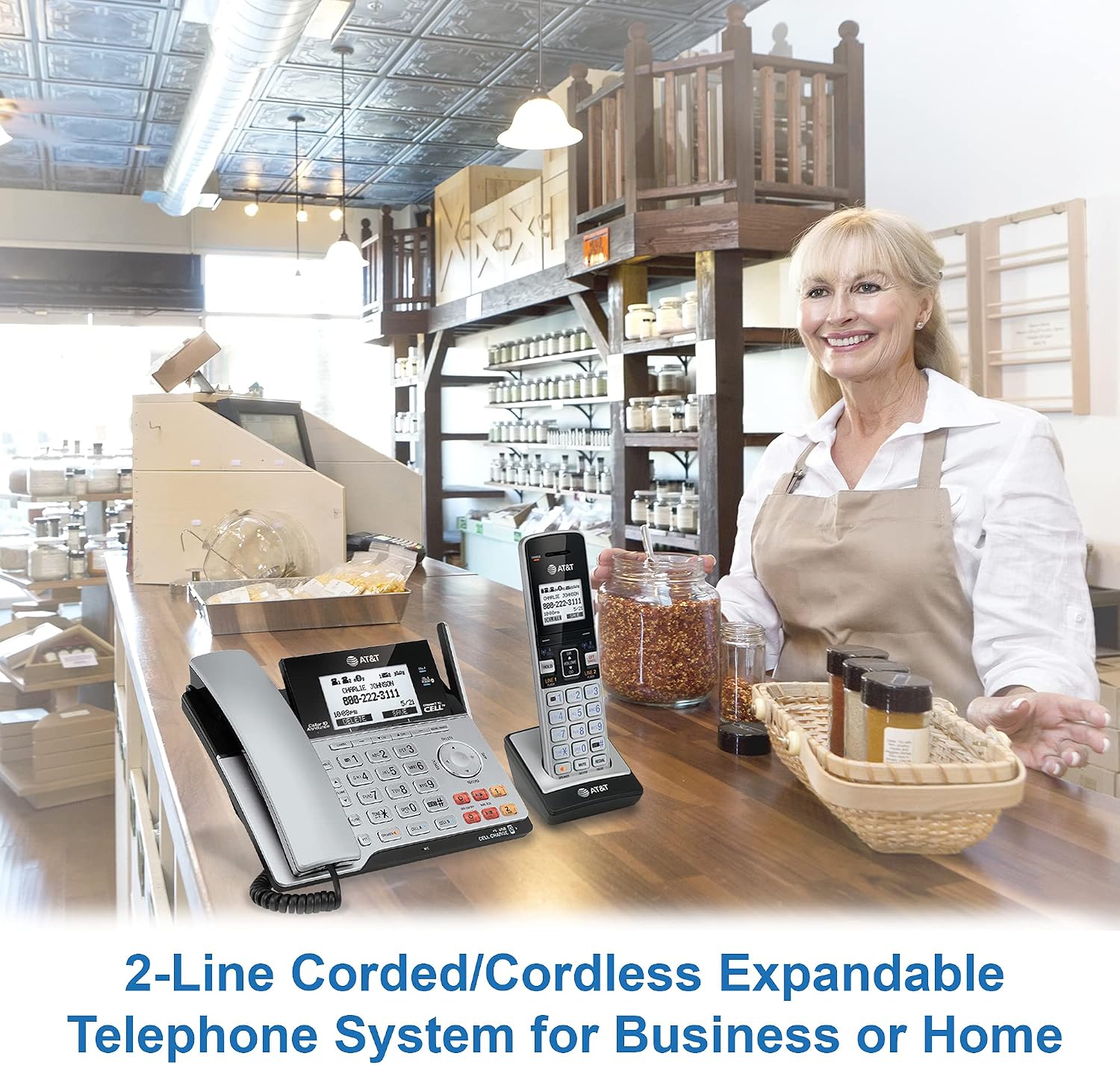 AT&T TL86103 2-Line Corded/Cordless Phone System for Small Business with Answering Machine, Connect-to-Cell Bluetooth, Caller ID, Intercom, Long Range & Expandable to 12 Handsets (Silver/Black)