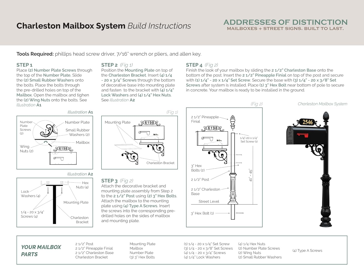 Charleston Black Mailbox System (Standard) | Cast aluminum curbside mailbox post kit features a standard black mailbox, custom address plate