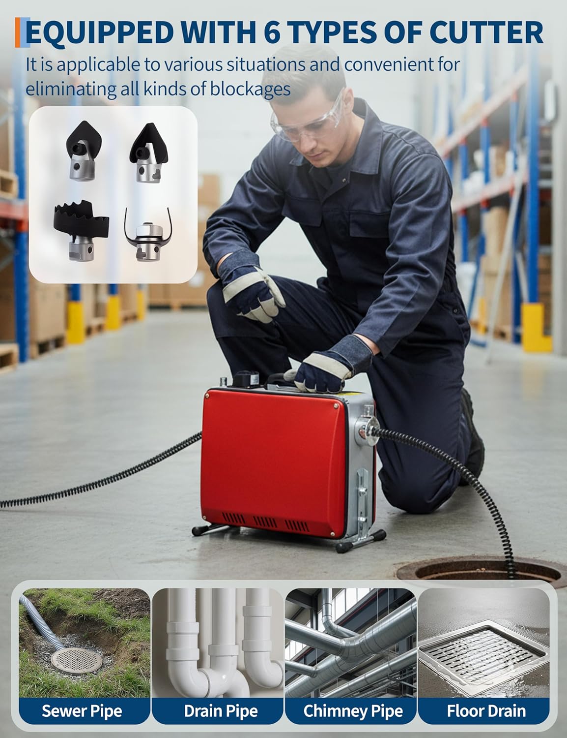 Electric Drain Cleaner Machine, Portable 66Ft & 16Ft Sewer Snake Auger with 6 Cutters, Professional Drain Cleaning Tool for 1-4 Inch Pipes in Sinks