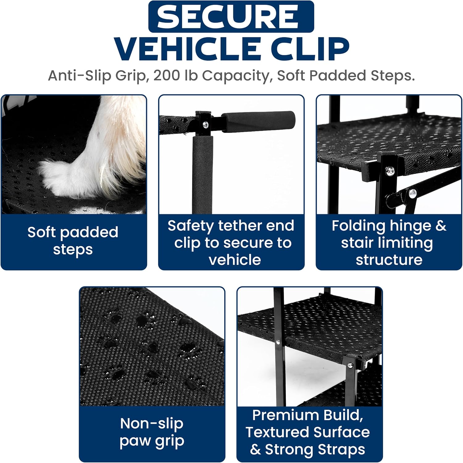 VERALUX 5 Step Foldable Dog Stairs for Large Dogs | Folding & Collapsible Dog Stairs for Car & SUV | Steps for Dogs to Get in Car | XL Lift Harness