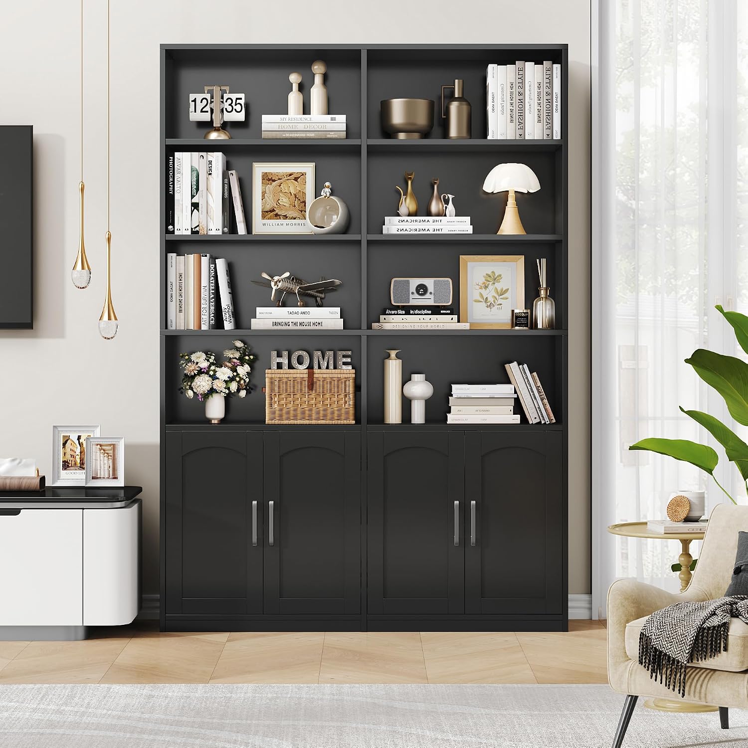 Bookshelf and Bookcase with Doors, Double Wide Large Bookshelves | Industrial Open Display Shelves 6 Tier, 73'' Tall Bookshelf with Storage Cabinets for Office,Home, Living Room, Library,White
