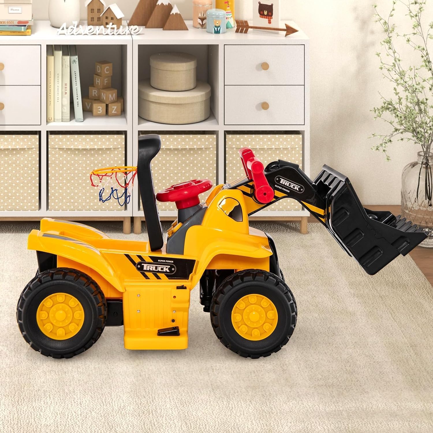 Costzon Ride on Excavator, Ride on Construction Vehicles w/Helmet, 3 Toy Stones, Realistic Sound, Adjustable Bucket & Under Seat Storage, Bulldozer Ride on Toy Gift for Kids Boys & Girls