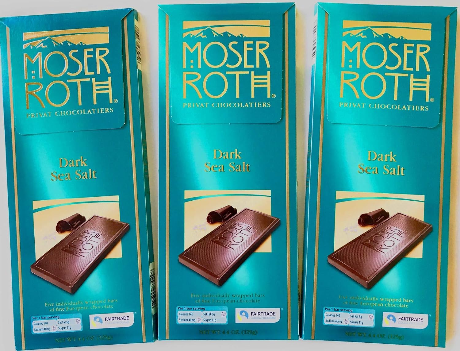 Moser Roth Dark Sea Salt Chocolate Bars, 85% Cocoa, Made in Germany, Fairtrade, Individually Wrapped, 3 Count, 4.4 Oz Each