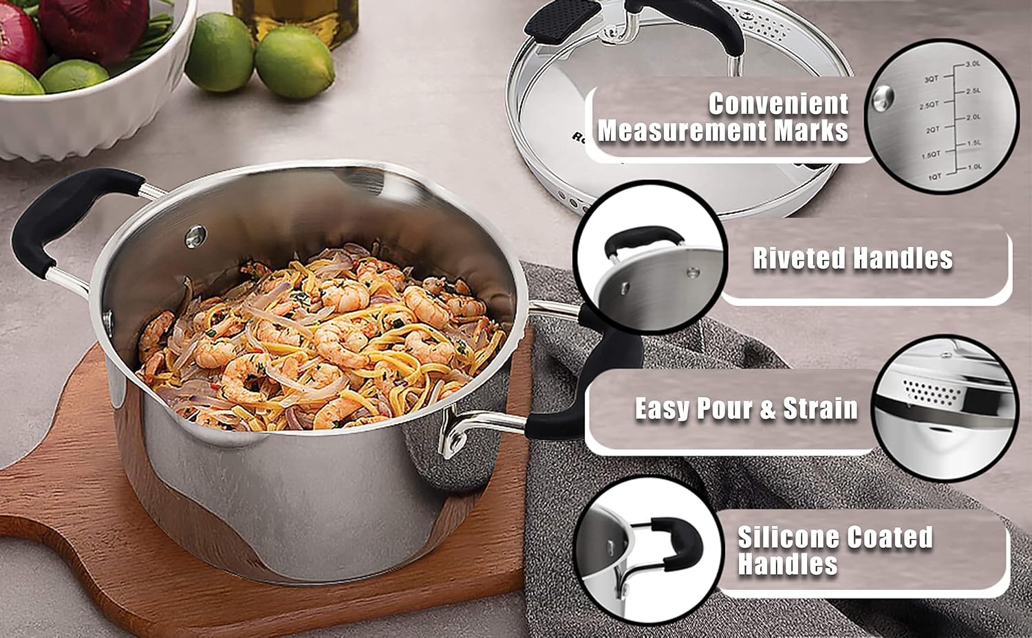 Rorence 6 Quart Stainless Steel Stock Pot, Induction Cooking Pot with Lid