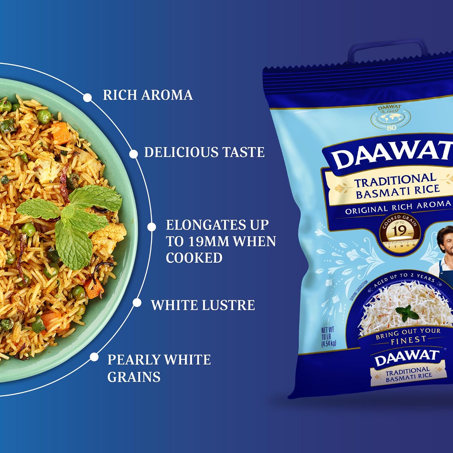 Daawat Traditional Basmati White Rice - 10 lb Bag | Authentic Extra Long Grain Basmati Rice - Great for Curries, Pilafs & Indian Recipes - Cook in Microwave or on Stove Top