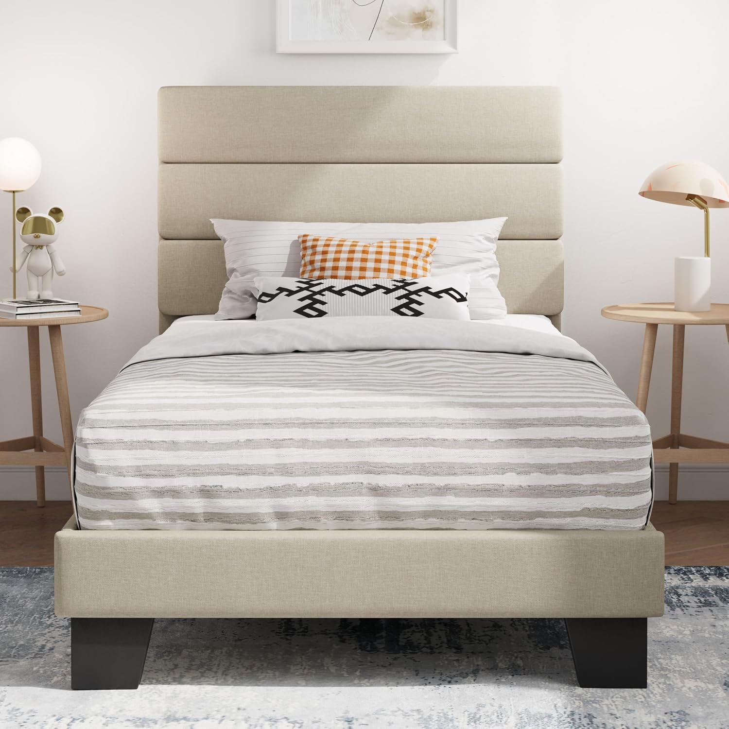 SHA CERLIN Full Platform Bed Frame with Upholstered Fabric Headboard, Grey