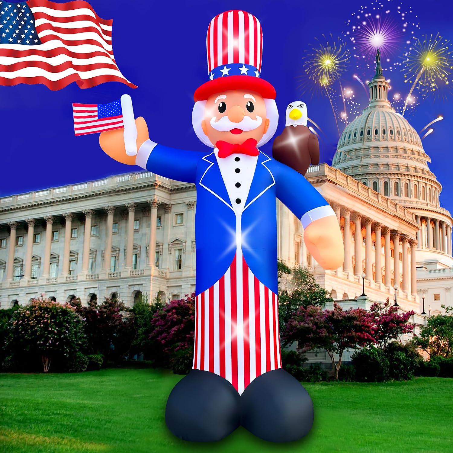 SEASONBLOW 12FT Independence Day Inflatable Uncle Sam with Bald Eagle Decorations Patriotic 4th of July LED Light Up Blow up Flag for Home Yard Lawn