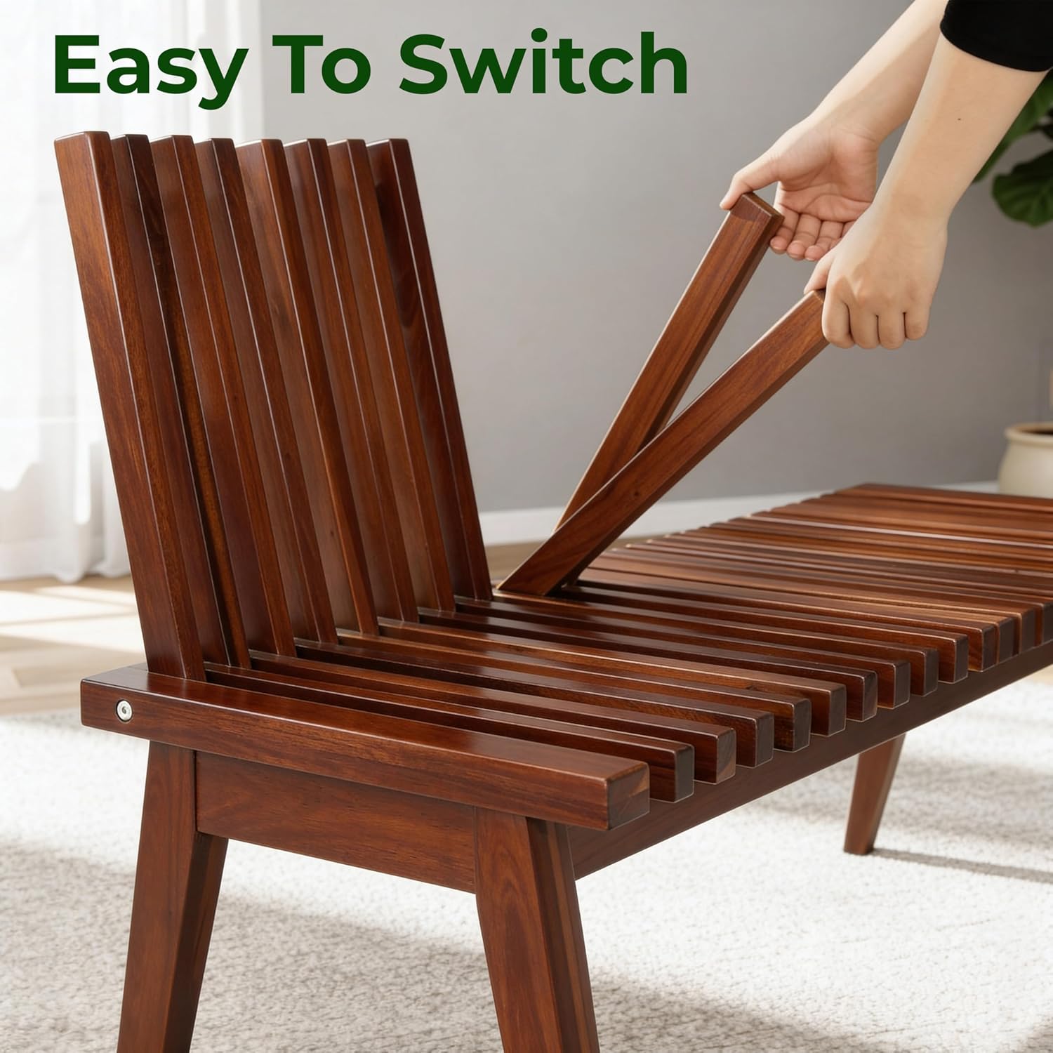 Melino Wooden Bench Outdoor 47" Convertible Acacia Wood Bench, Solid Wood Indoor Patio Benches for Outdoors
