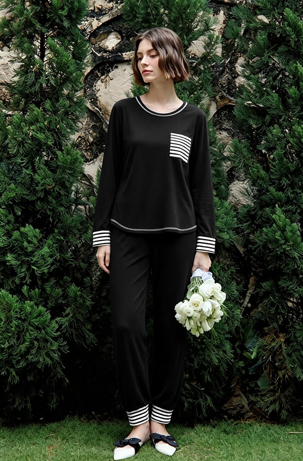 SWOMOG Women’s Pajamas Set Long Sleeve Sleepwear with Long Pants Soft Modal Loungewear Pj Set