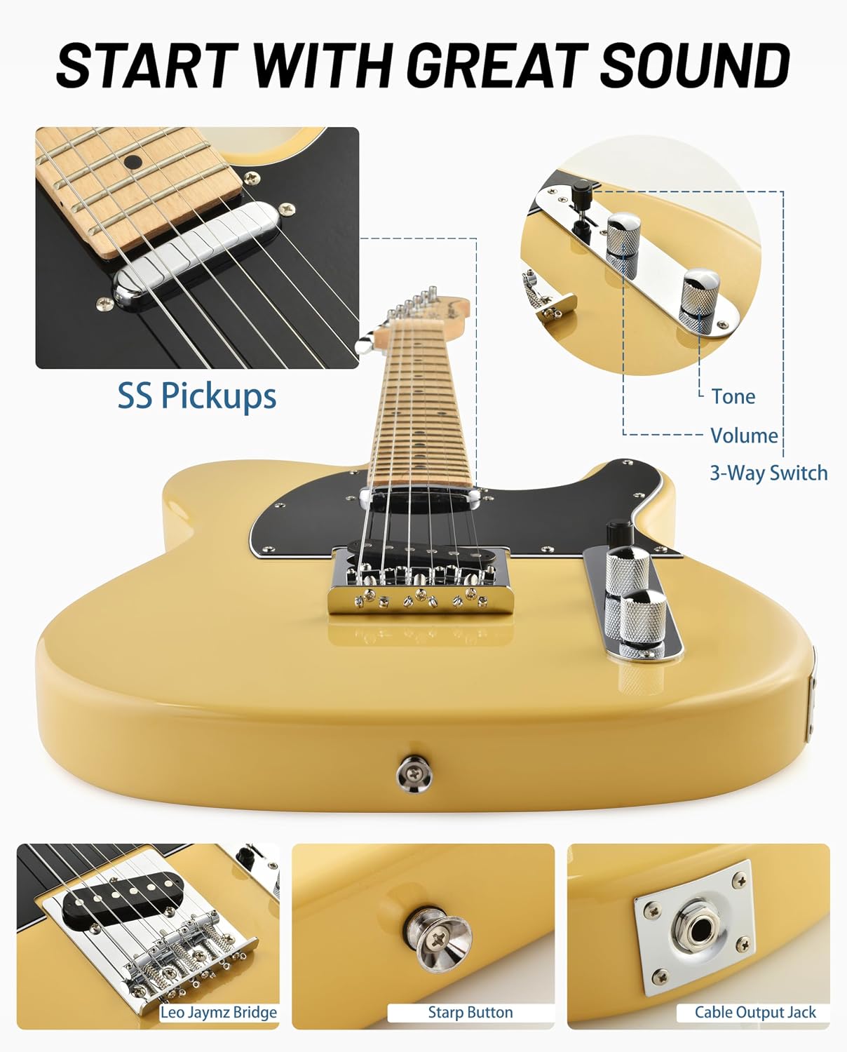 Leo Jaymz Beginner Electric Guitar Complete Kit with Portable Amp, Padded Gig Bag & Full Accessories, Maple Neck (TL-White)