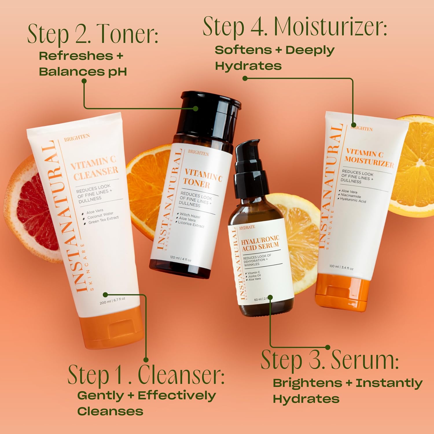 InstaNatural Vitamin C Face Serum, Brightens, Hydrates and Reduces Signs of Aging, with Vitamin C, Hyaluronic and Ferulic Acid, 1 FL Oz | All Skin Types, Brightens, Hydrates, and Reduces Signs of Aging, with Vitamin C, Hyaluronic Acid, and Ferulic Acid