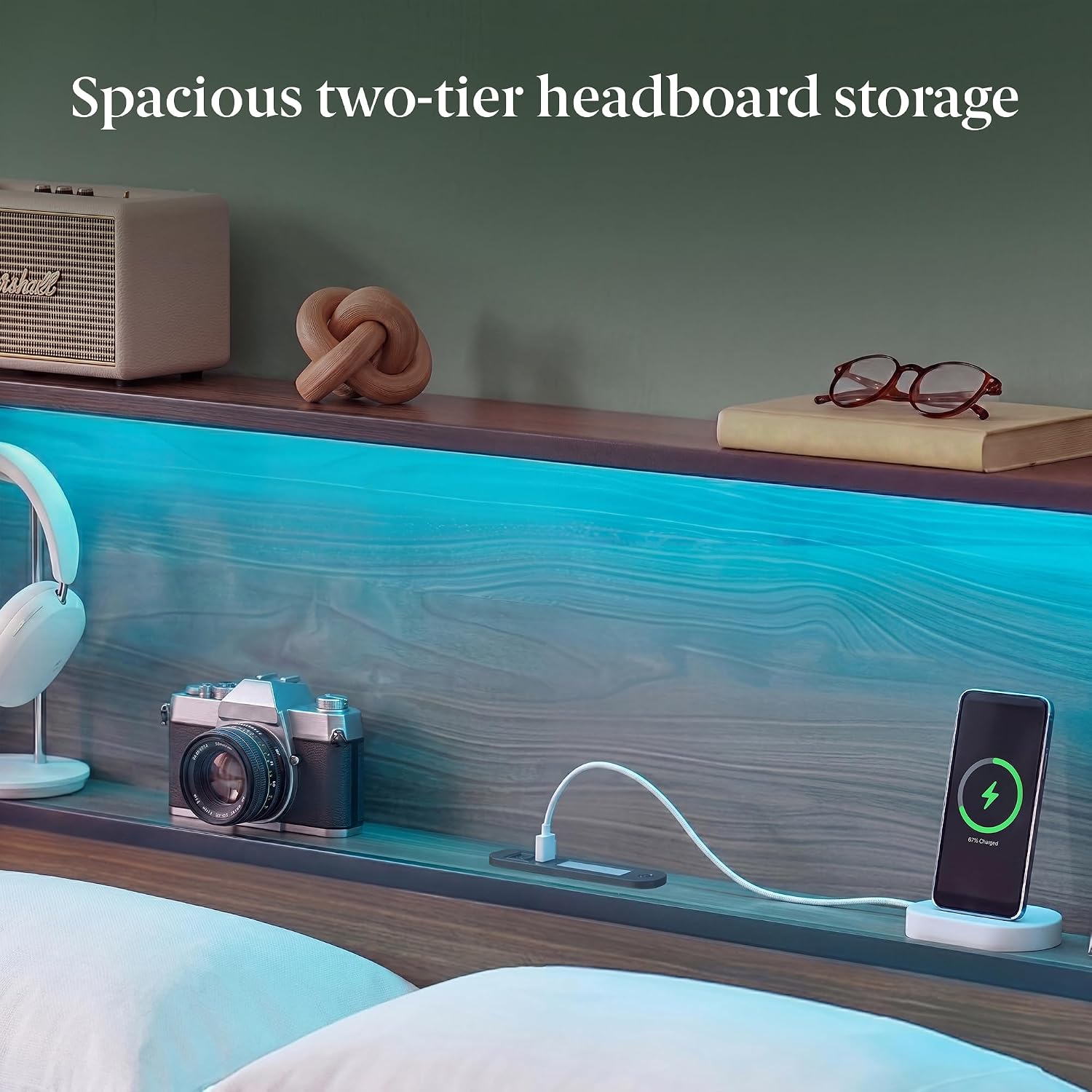 Zinus Kai Platform Bed Frame, RGB LED Lights, No Box Spring Needed, Full | Two-Tier Headboard for Space-Saving Storage, Built-in USB Charging Station, Soft Ambient Night Light