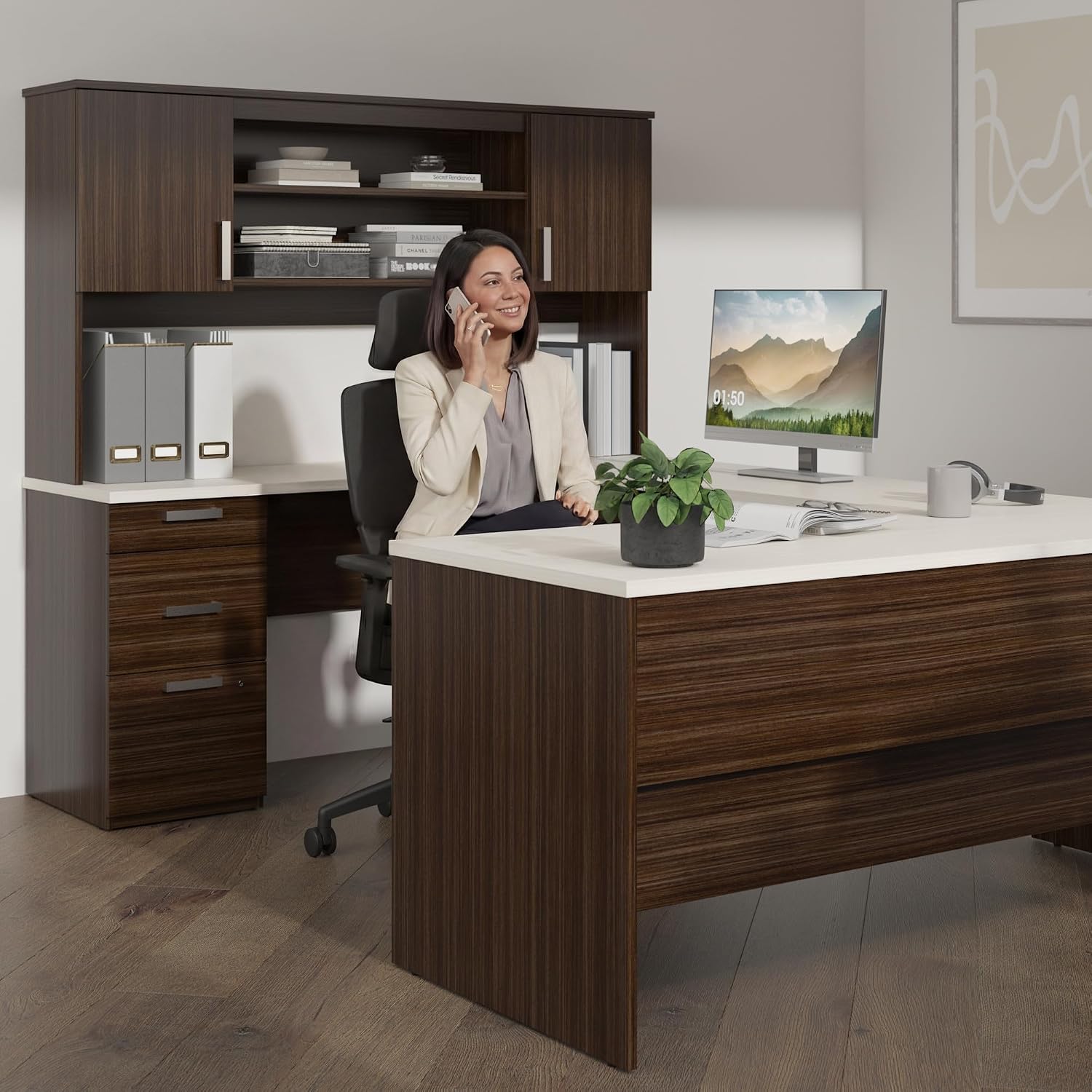 Bestar U Shaped Desk with Drawers, Hutch, and Keyboard Tray, Executive Workstation for Home or Professional Office, 65 Inches, Ridgeley Collection, White Chocolate