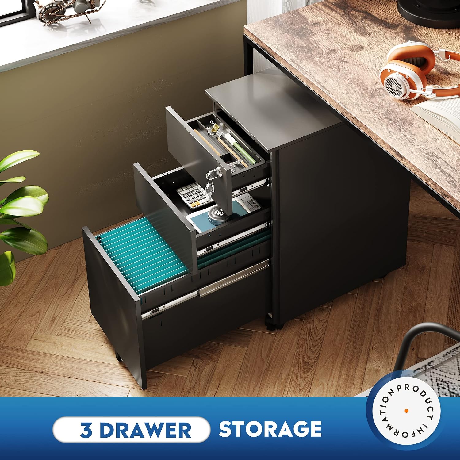 DEVAISE 3 Drawer Mobile File Cabinet with Lock, Under Desk Metal Filing Cabinet for Home Office/Legal/Letter/A4 File, Fully Assembled Except Wheels, Black