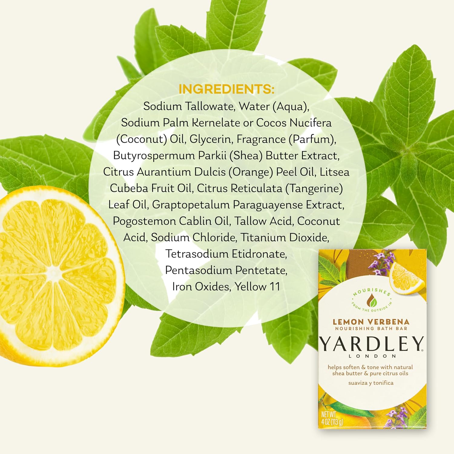 Yardley London Lemon Verbena Naturally Moisturizing Bath Bar, 4.25 ounce