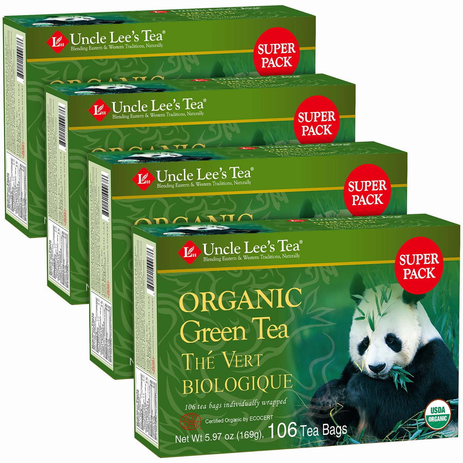 Uncle Lee's Organic Green Tea Bags 4-Pack, 106-Count Super Packs – Bright & Refreshing, Lightly Caffeinated Bulk Tea for Home, Office, Camping