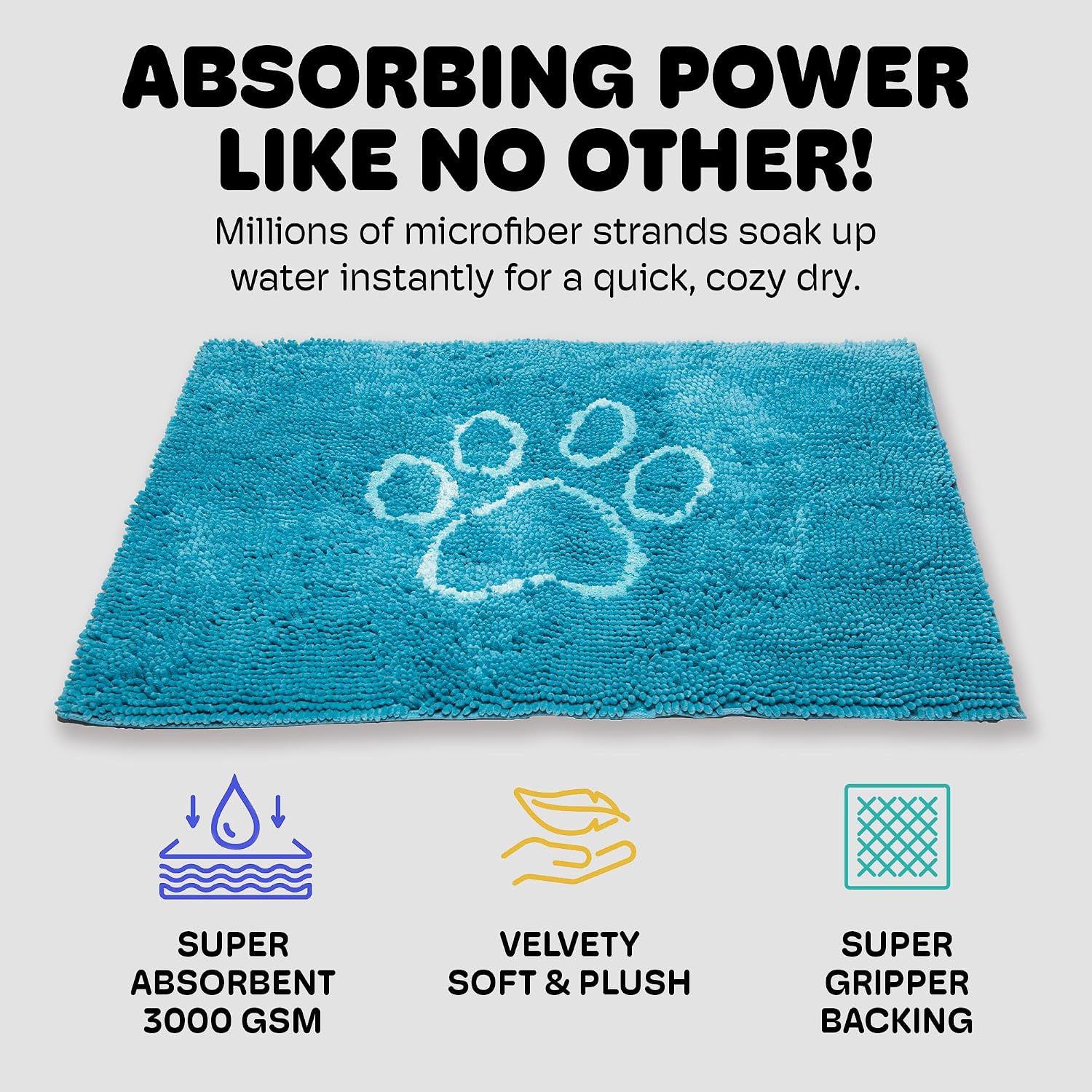 Dog Gone Smart Dirty Dog Doormat - Fast Drying Rug with Super Gripper Backing for Clean Floors - Super Absorbent and Machine Washable Mat for Muddy Paws - Grey