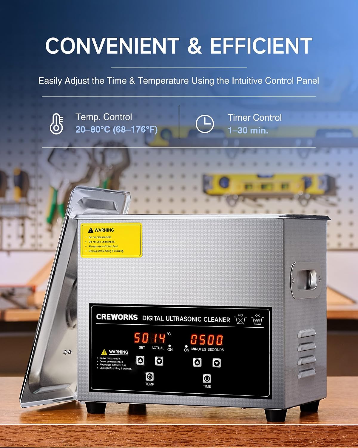 CREWORKS 3L Ultrasonic Cleaner, 0.8 gal Digital Sonic Cavitation Machine | 120W Stainless Steel Professional Jewelry Cleaner for Cleaning Tool Watch Glasses Retainer Denture Parts with Heater & Timer