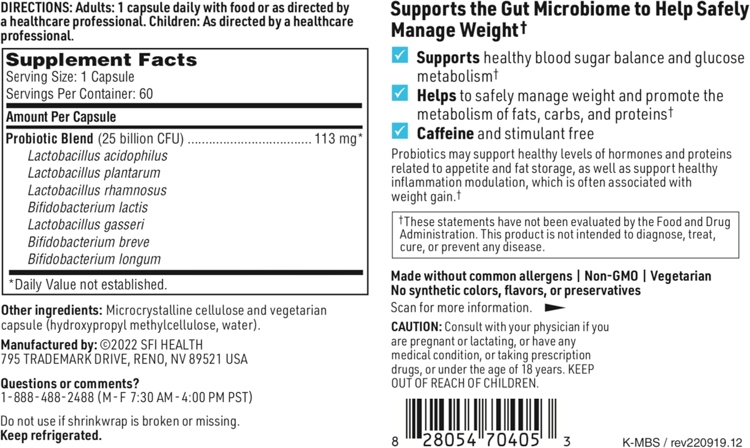 Klaire Labs SFI Health Ther-Biotic Metabolic Formula Probiotic, 60 Capsules | Healthy Metabolism + Immune Support, Lactobacillus & Bifidobacterium Species, Vegetarian 25b CFU for Adults