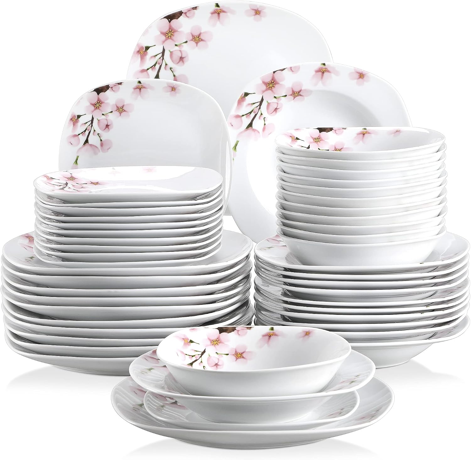 VEWEET 30 PCS Ceramic Dinnerware Sets for 6, Pink Floral Dish Set, ANNIE | Porcelain Dinner Set Including Dessert Plates, Soup Plates, Dinner Plates, Cups & Saucers, Microwave & Dishwasher Safe