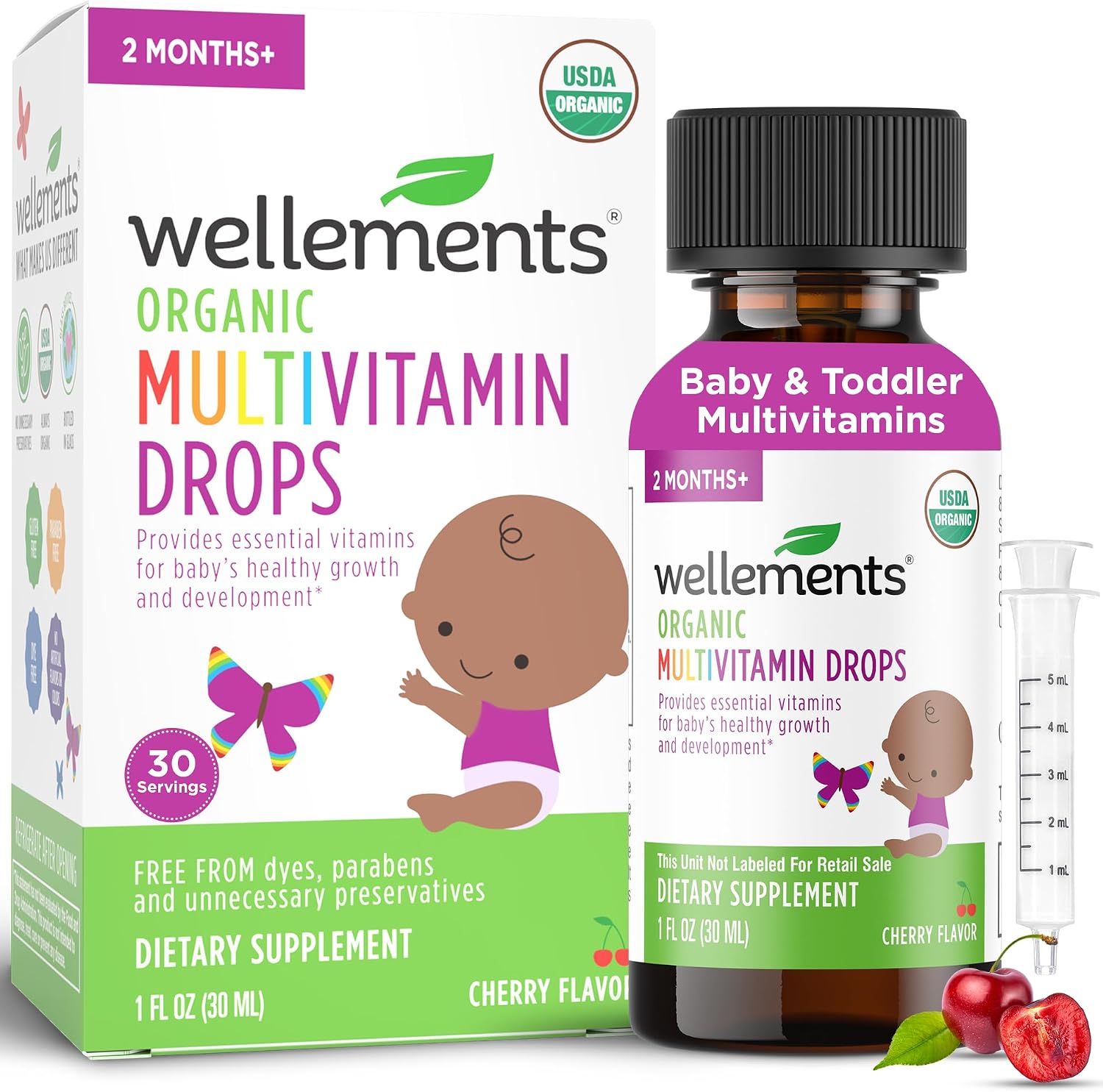 Organic Liquid Baby Multivitamin Drops Cherry Flavor (1 Fl Oz) 2 Months+ | Multivitamins Drops for Infants & Toddlers - Toddler Vitamins for Immune