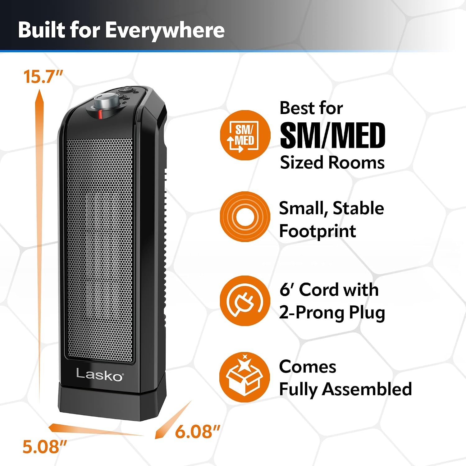 Lasko Oscillating Ceramic Tower Space Heater for Home with Overheat Protection, Adjustable Thermostat, and 2 Speeds, 15.7 Inches, Black, 1500W
