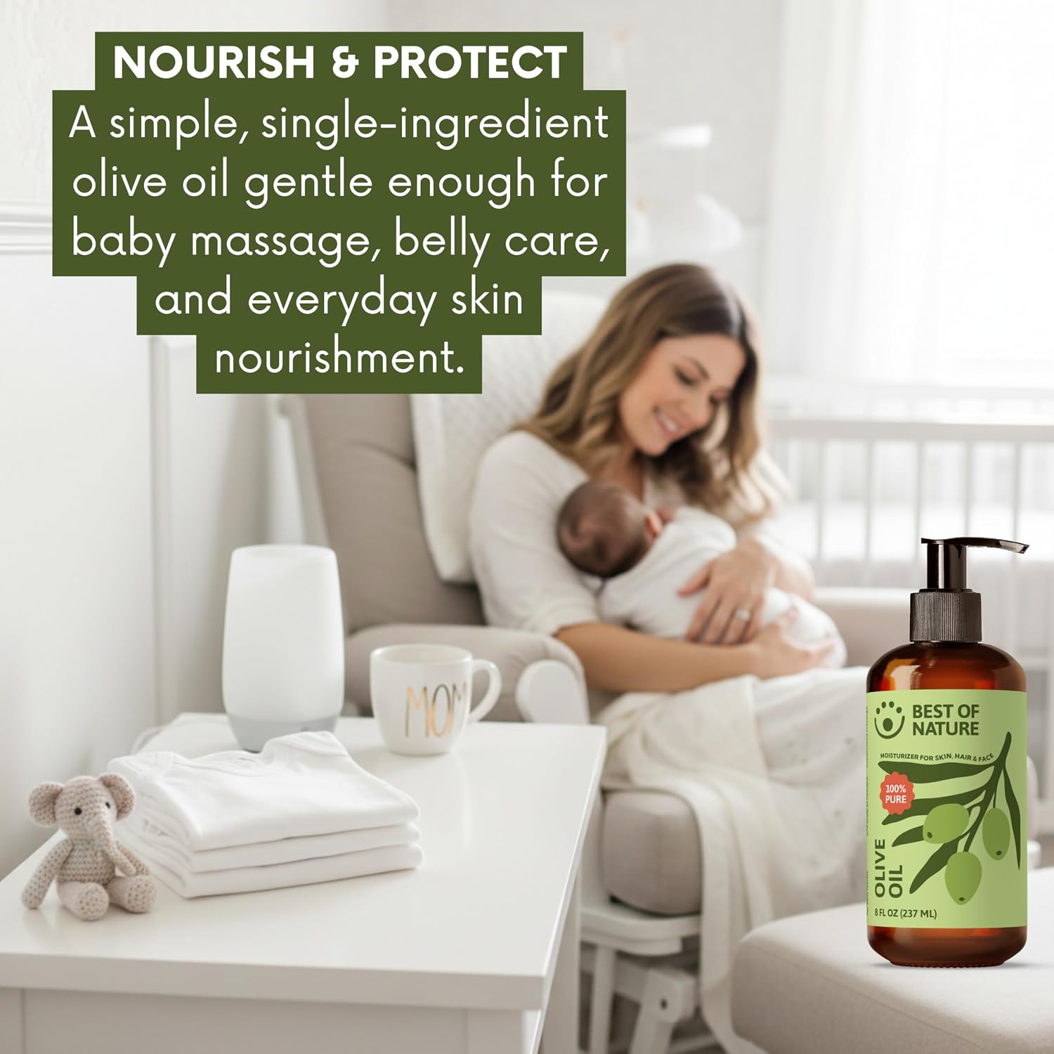 Best of Nature 100% Pure Olive Massage & Body Oil – Cold Pressed, Natural & Unscented Moisturizer for Skin, Hair & Bath, 8 fl oz