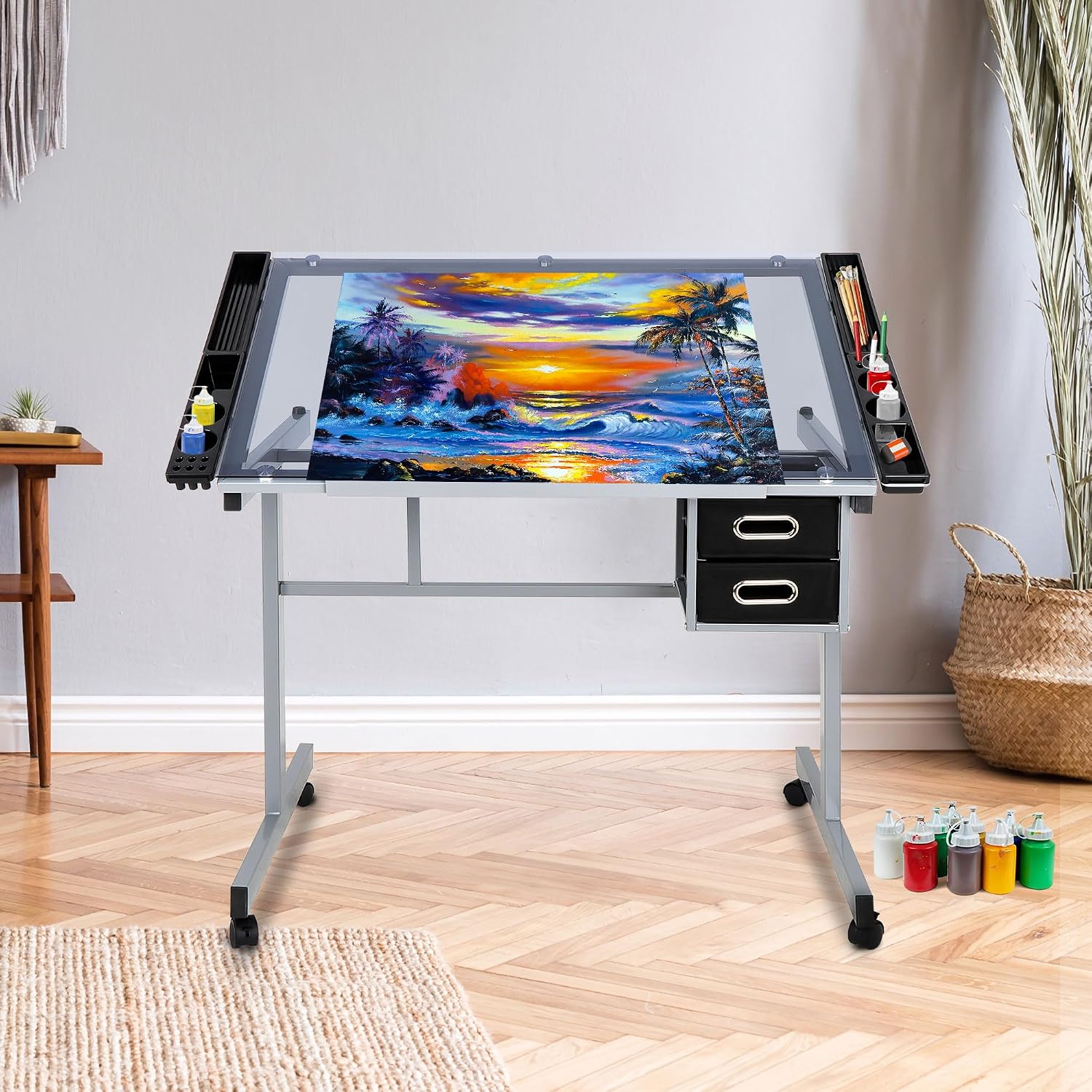 JupiterForce Adjustable Drafting Table Art Desk Drawing Table Versatile Art Craft Work Station Glass Tabletop w/2 Slide Drawers and Wheels for Reading