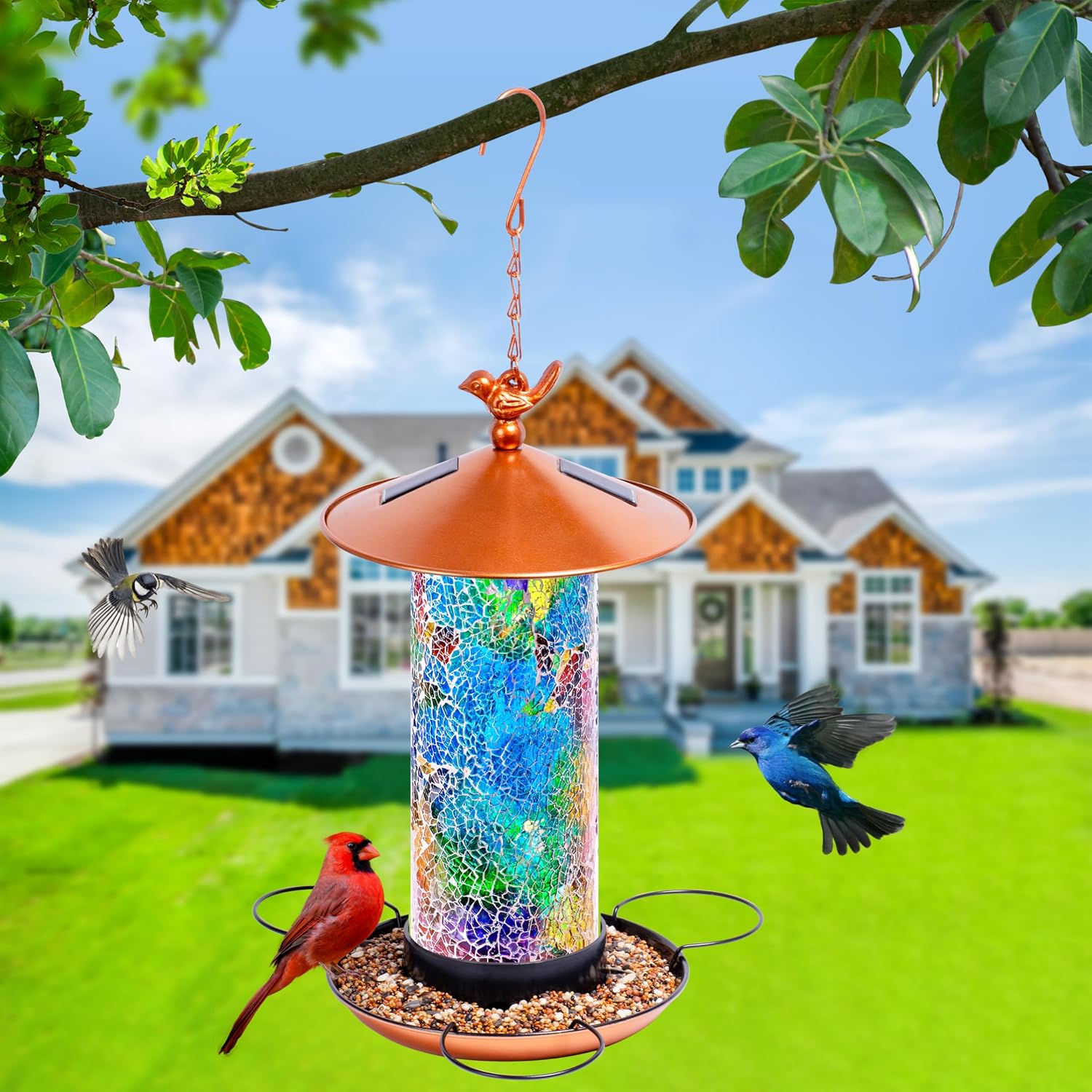 XDW-GIFTS Mosaic Solar Wild Bird Feeder, Waterproof Lantern Shape with S-Hook & 4 LED Lights, Garden Decor for Lawn, Patio, Balcony, Yard Ornament - Unique Gifts for Mom, Women, Grandma, Bird Lovers