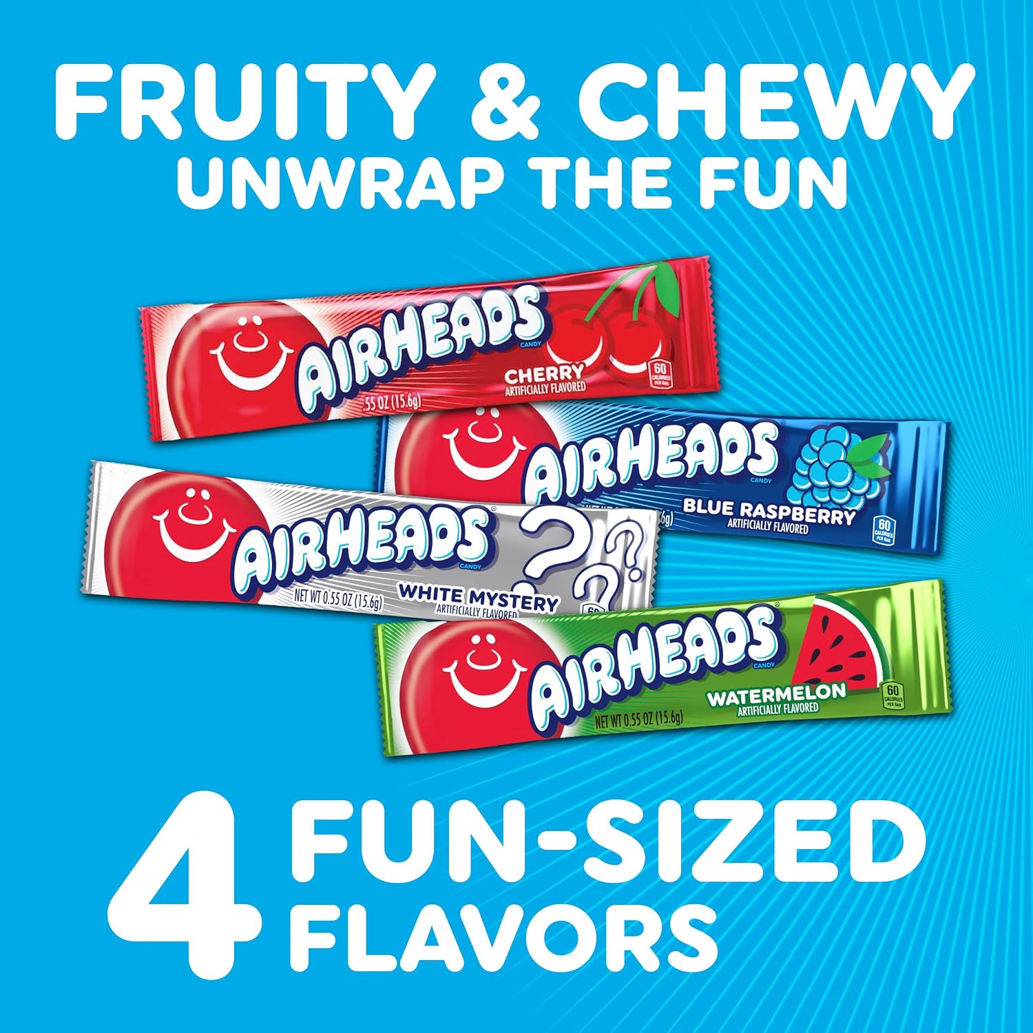 Airheads Full-Size Candy Bars, Assorted Taffy Variety Pack, 60 Count Box | Individually Wrapped Bulk Candy, Six Assorted Fruit Flavors, Artificially Flavored