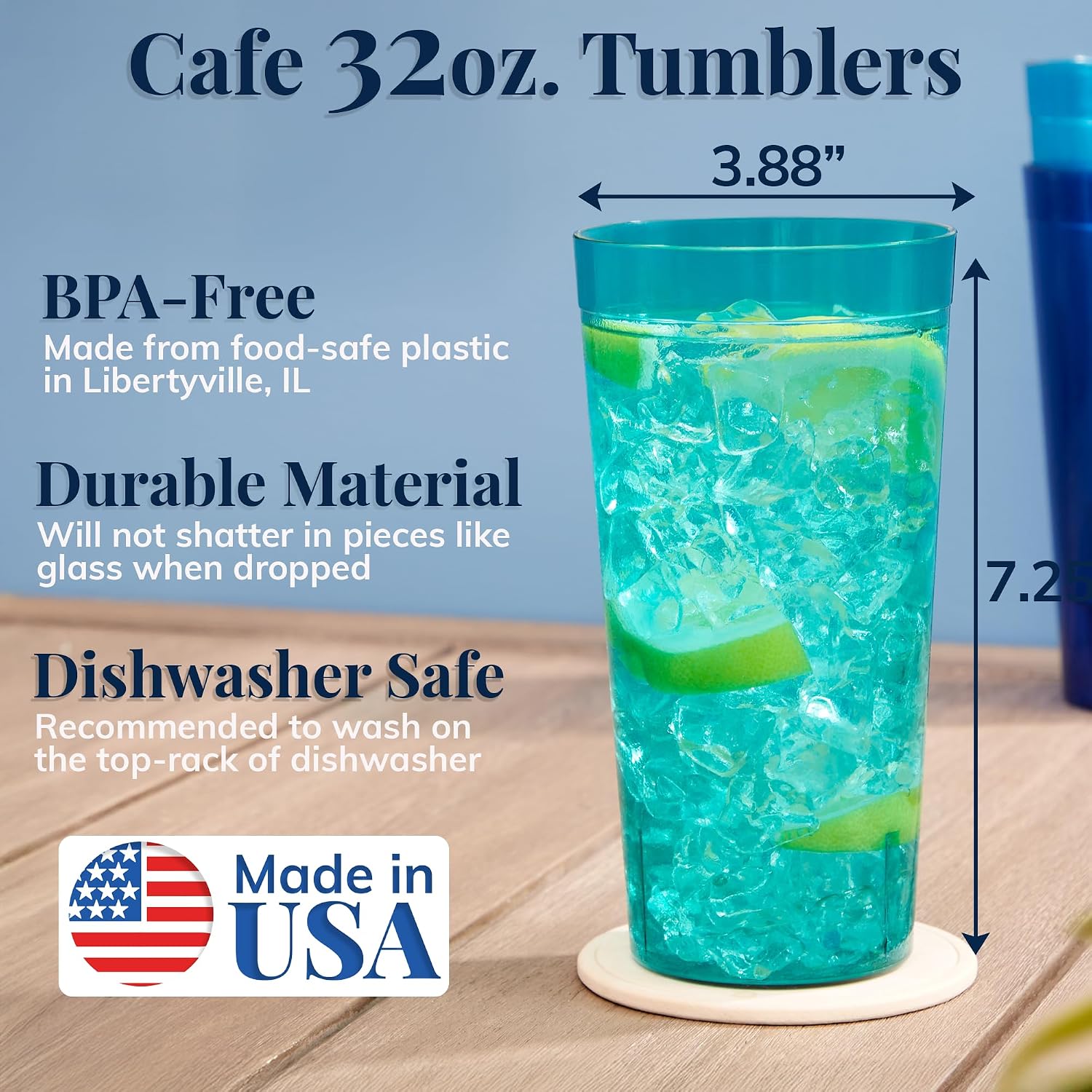 US Acrylic Cafe Plastic Reusable Tumblers (Set of 16) 20-ounce Water Cups Coastal Colors | Restaurant Style Drinking Glasses Value Set, Stackable, BPA-free, Made in the USA | Top-rack Dishwasher Safe