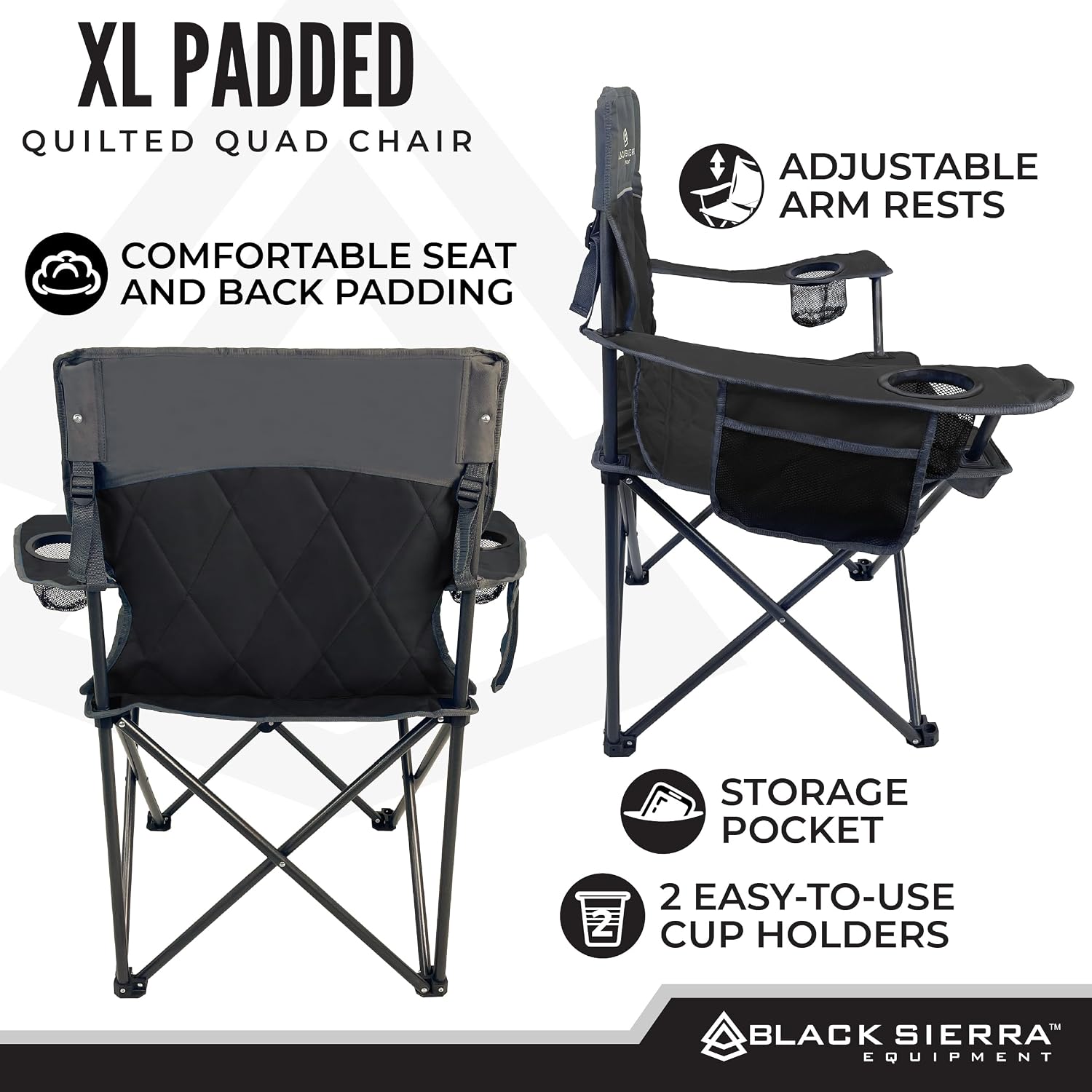 Black Sierra Quilted Padded Camping Chair, Oversized Heavy Duty Outdoor Lounge Seat Supports 300 lbs, Portable, Folding with Cup Holder for Beach, Tailgating, Sports, Patio