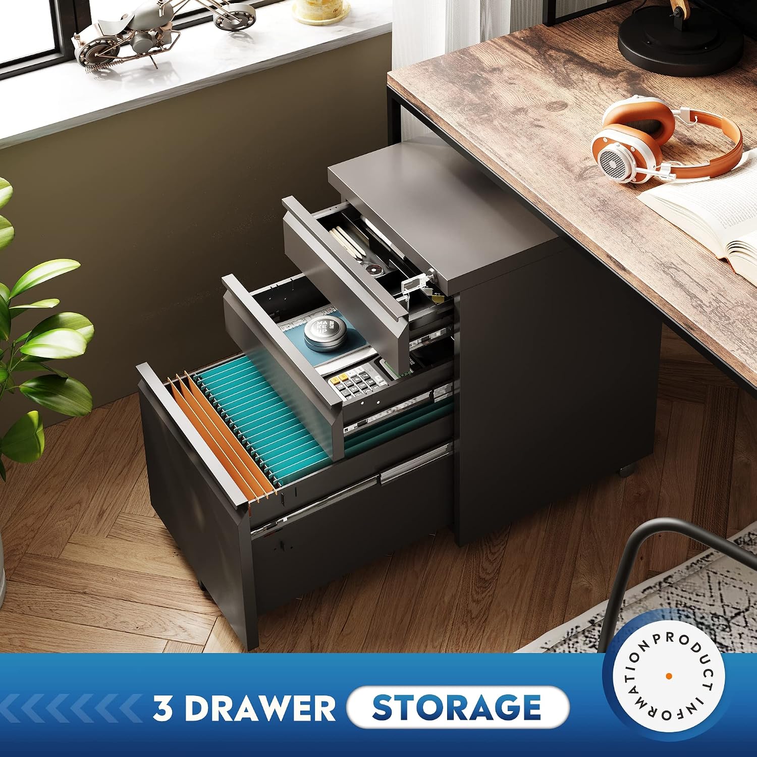 DEVAISE 3 Drawer Mobile File Cabinet with Lock, Under Desk Metal Filing Cabinet for Home Office/Legal/Letter/A4 File, Fully Assembled Except Wheels, Black