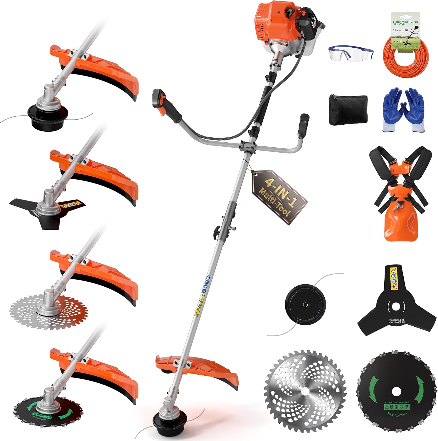 52cc 4-in-1 Gas Weed Eater and Brush Cutter - Straight Shaft Commercial Weed Wacker with Metal Blade - Heavy Duty 2-Cycle Multi-Tool System for Tall