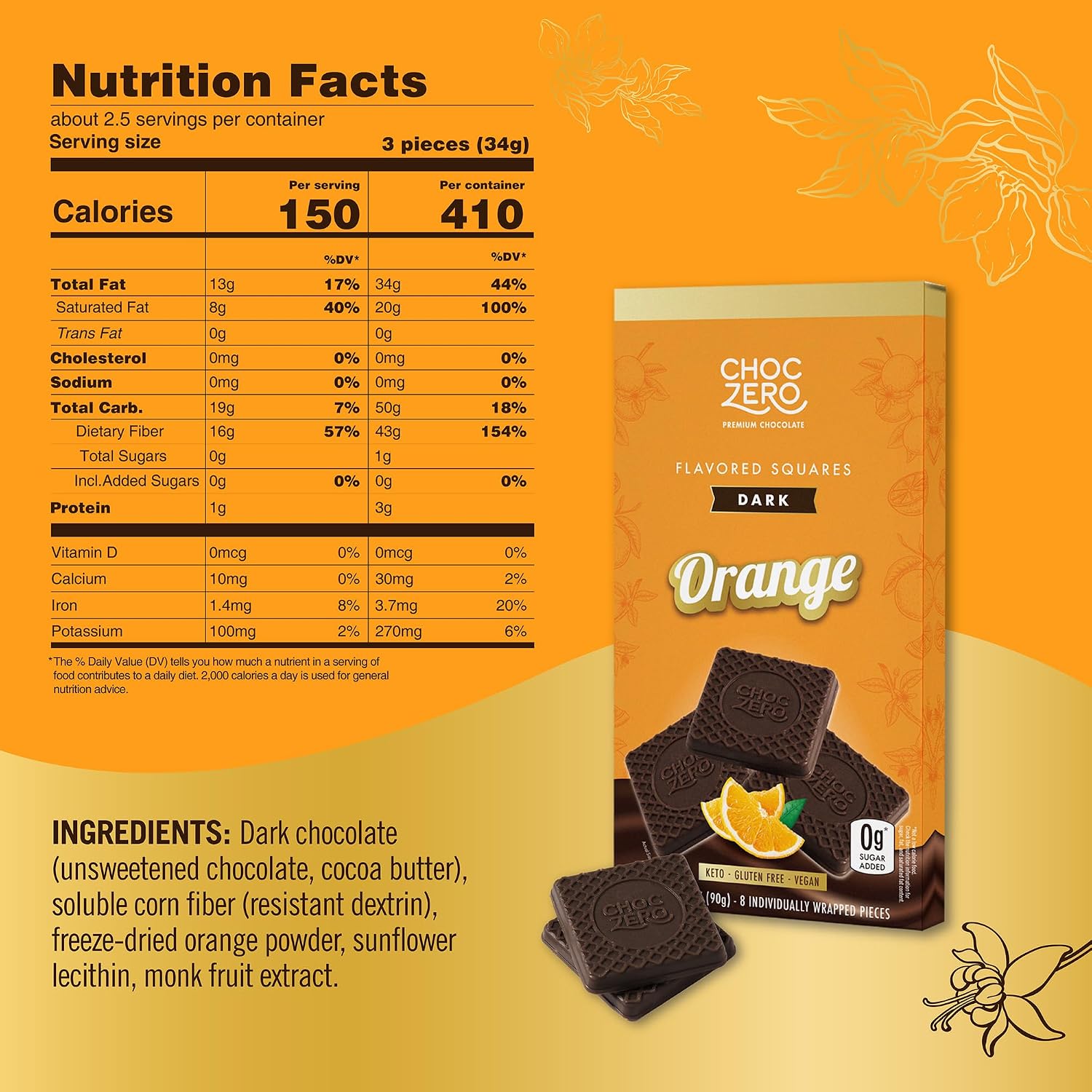 ChocZero 70% Cocoa Sugar Free Dark Chocolate Squares, Vegan, 4 Pack | No Sugar Alcohols, Keto, Low Carb, High Fiber, Gluten Free, 32 Total Candy Squares