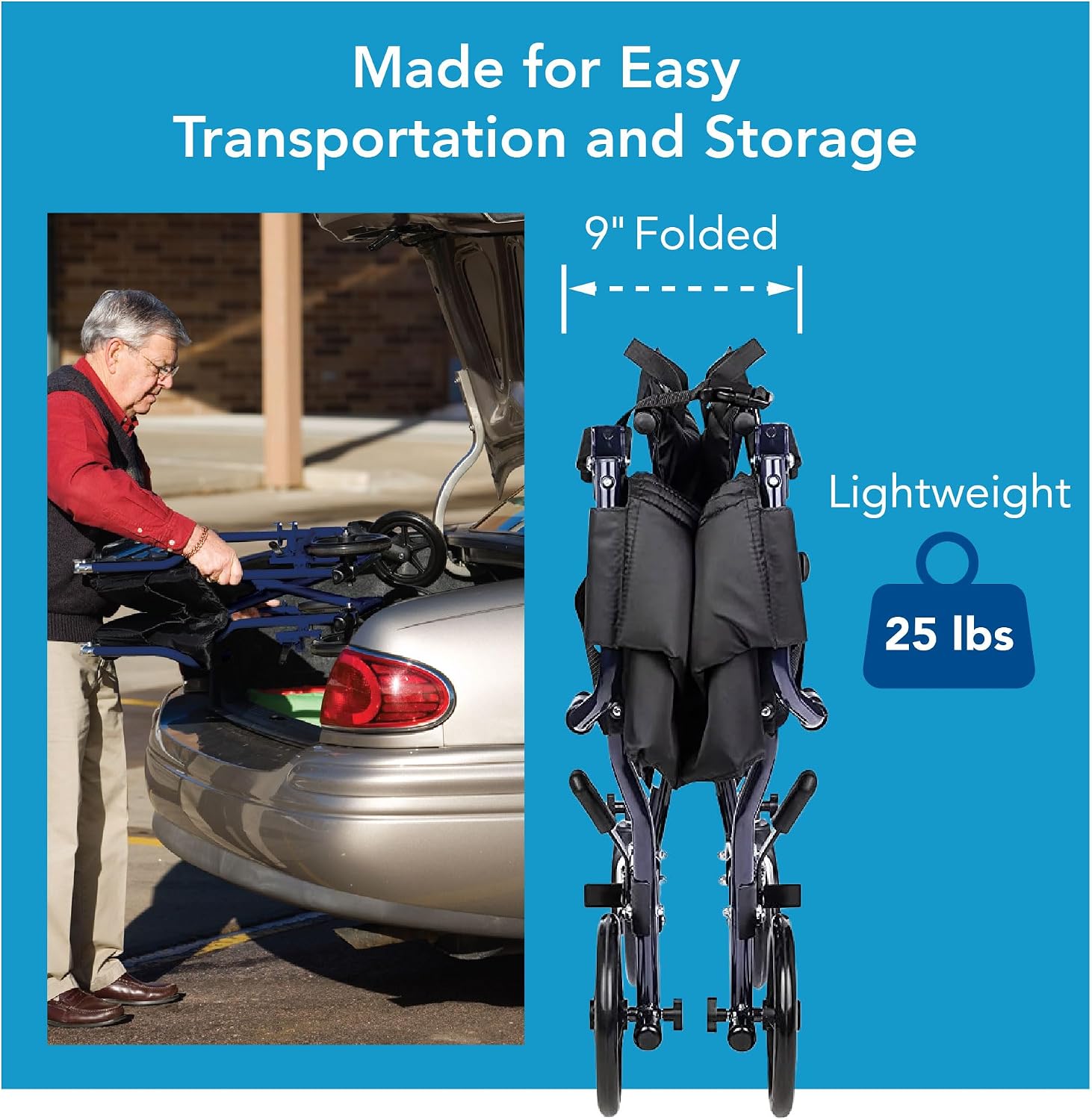 Carex Transport Wheelchair With 19 inch Seat, Folding Transport Chair with Foot Rests, Foldable Lightweight Wheelchair Foldable for Storage and Travel