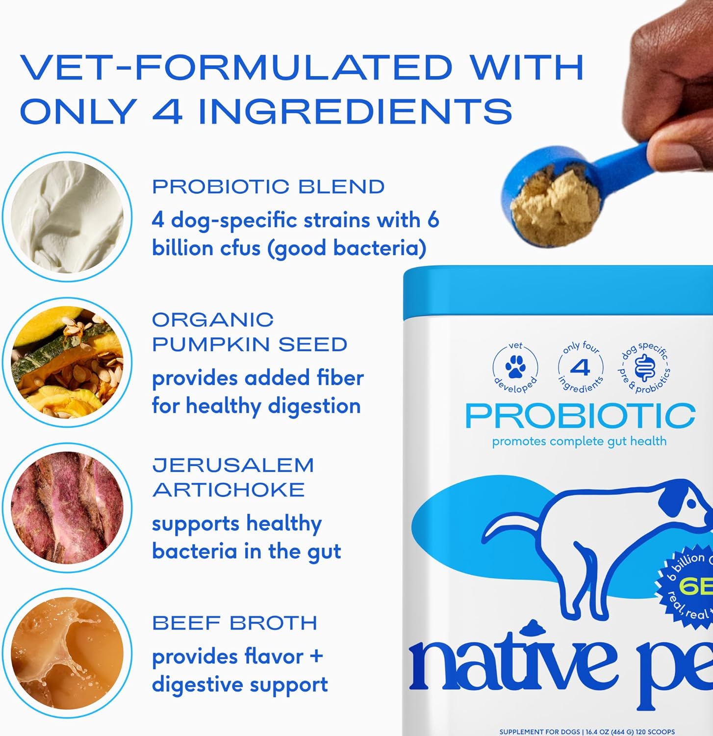 Native Pet Probiotics for Dogs – Dog Probiotic Powder for Gut & Digestive Health, Vet-Formulated 6B CFUs Dog-Specific Probiotic Strains
