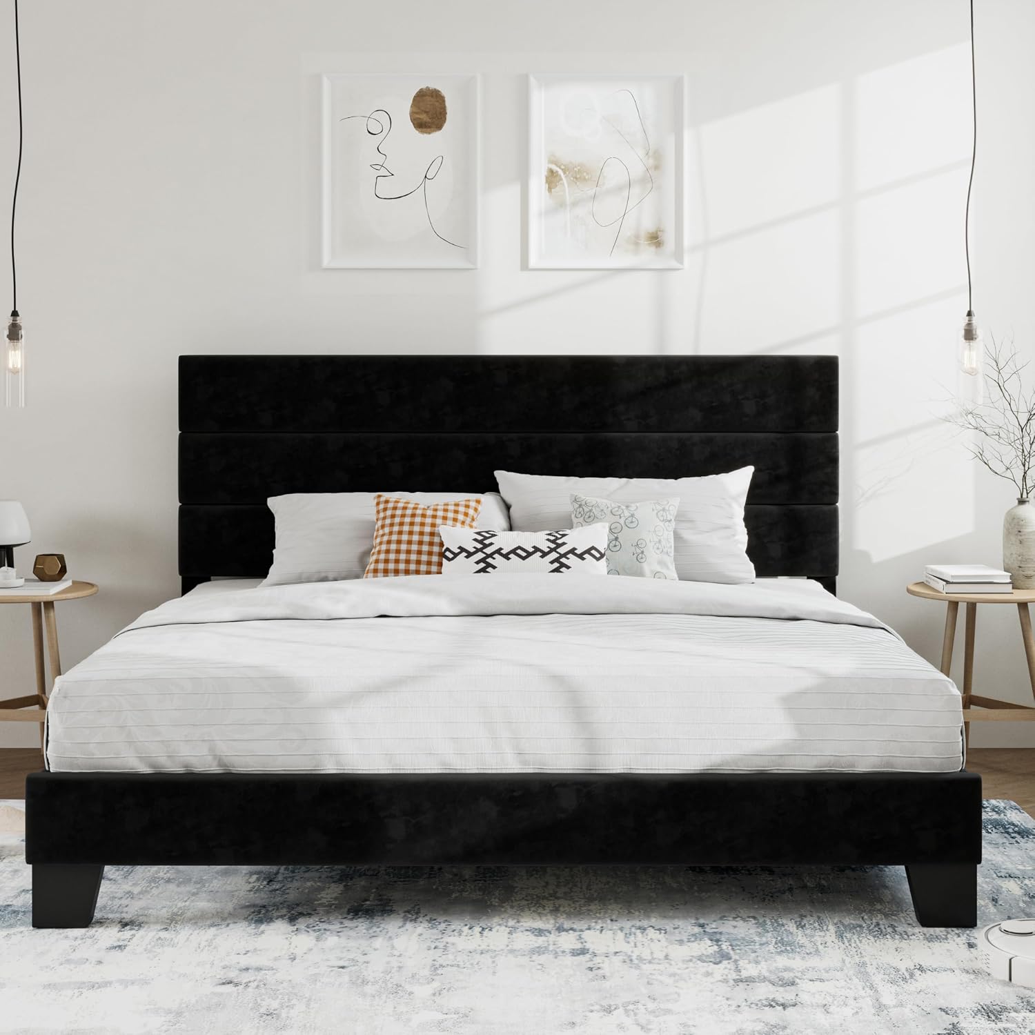 SHA CERLIN Full Platform Bed Frame with Upholstered Fabric Headboard, Grey