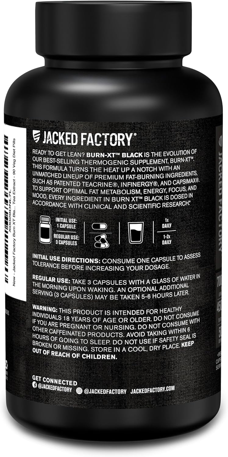 Jacked Factory Burn XT Black Thermogenic Fat Burner - Weight Loss Supplement, Appetite Suppressant, Nootropic Energy Booster | TeaCrine