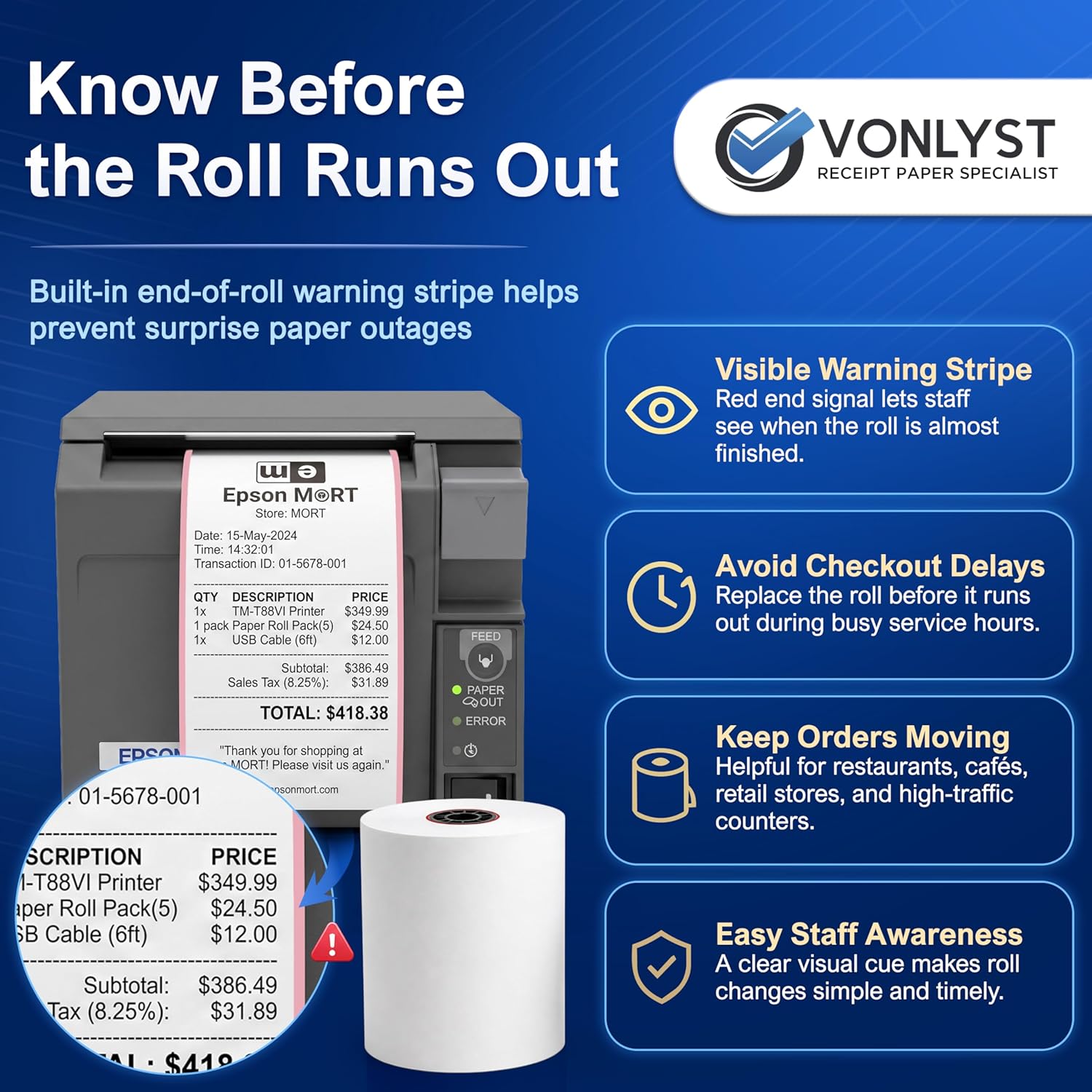 3 1/8 x 230 Thermal POS Rolls for Epson Printers, BPA Free Thermal Printing Compatible with TM-T88 TM-T70 TM-T80 TM-T85 TM-H6000 T90 Series