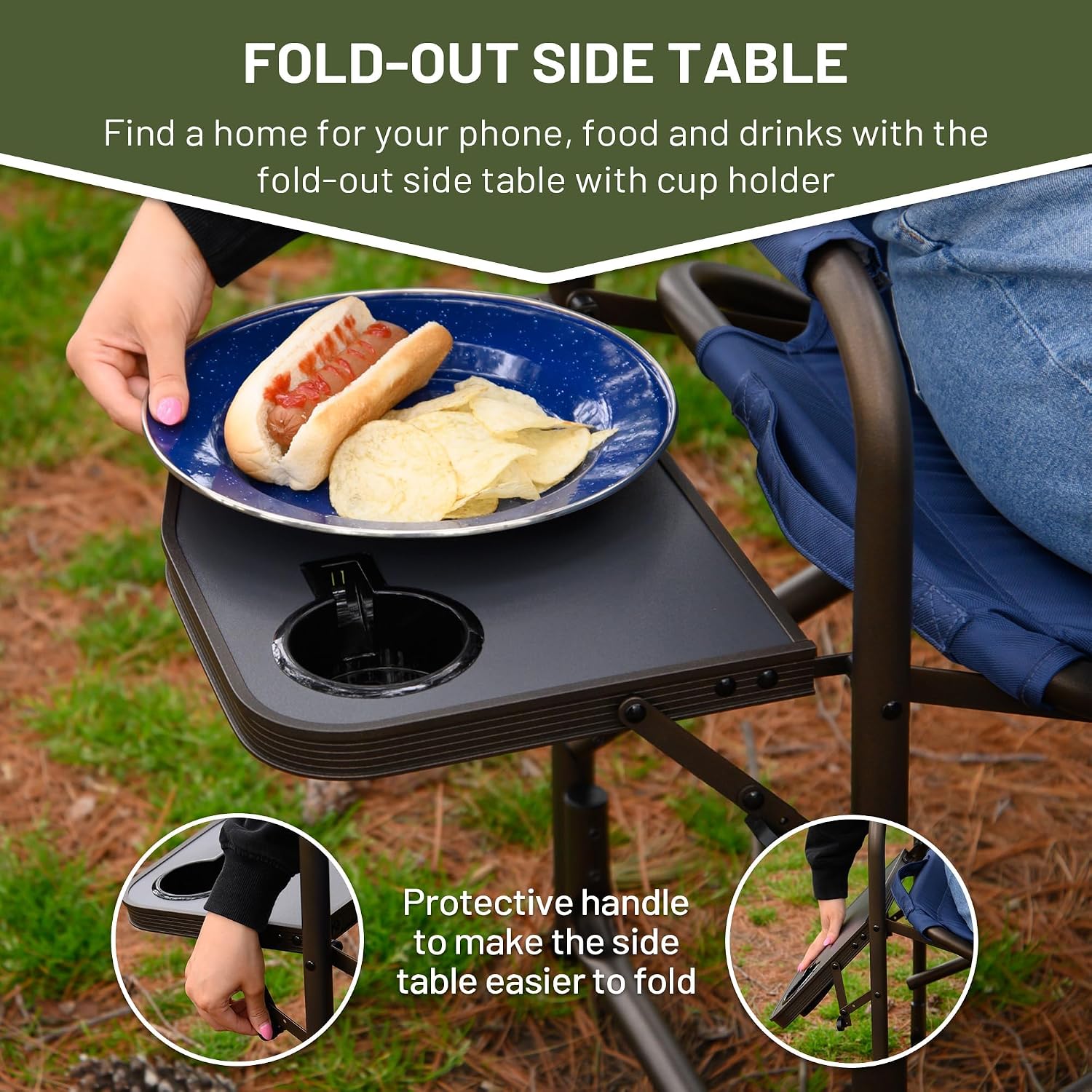 TIMBER RIDGE Lightweight Camping Chair, Portable Laurel Director's Chair with Foldable Side Table, Cooler Bag & Mesh Pocket, Compact Outdoor Folding Lawn Chair, Supports 300lbs, Grey