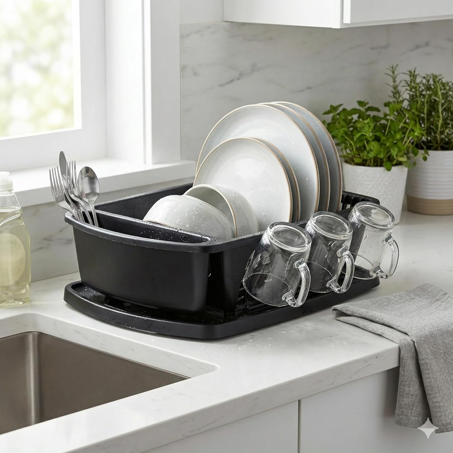 Tribello Sink Dish Drying Rack, Heavy Duty Hard Plastic Drying Rack, Dish Drainer for Kitchen Counter with Drainboard Set
