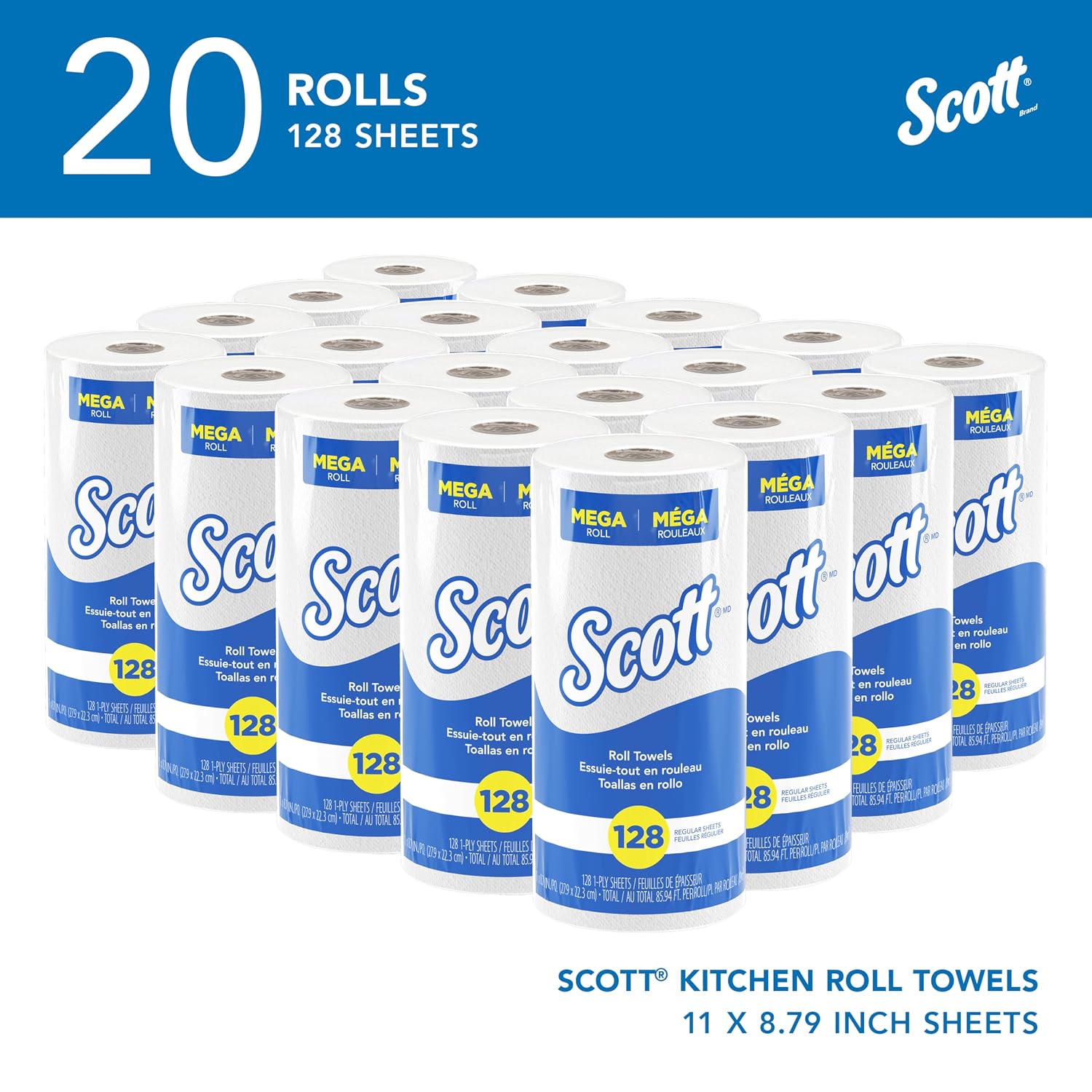 Scott Professional Kitchen Paper Towels, Bulk (41482), Fast-Drying Absorbency Pockets, White, Perforated (128 Sheets/Roll, 20 Rolls/Case, 2