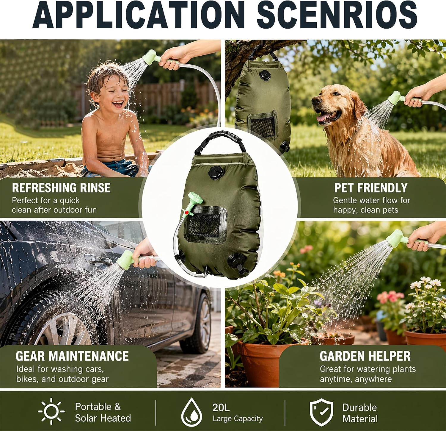 Solar Shower Bag | 5 Gal/20L Solar Heating Camping Shower Bag | Removable Hose | On-Off Switchable Shower Head | Ducha Portatil | Traveling Shower | Portable Shower for Beach Swimming, Hiking