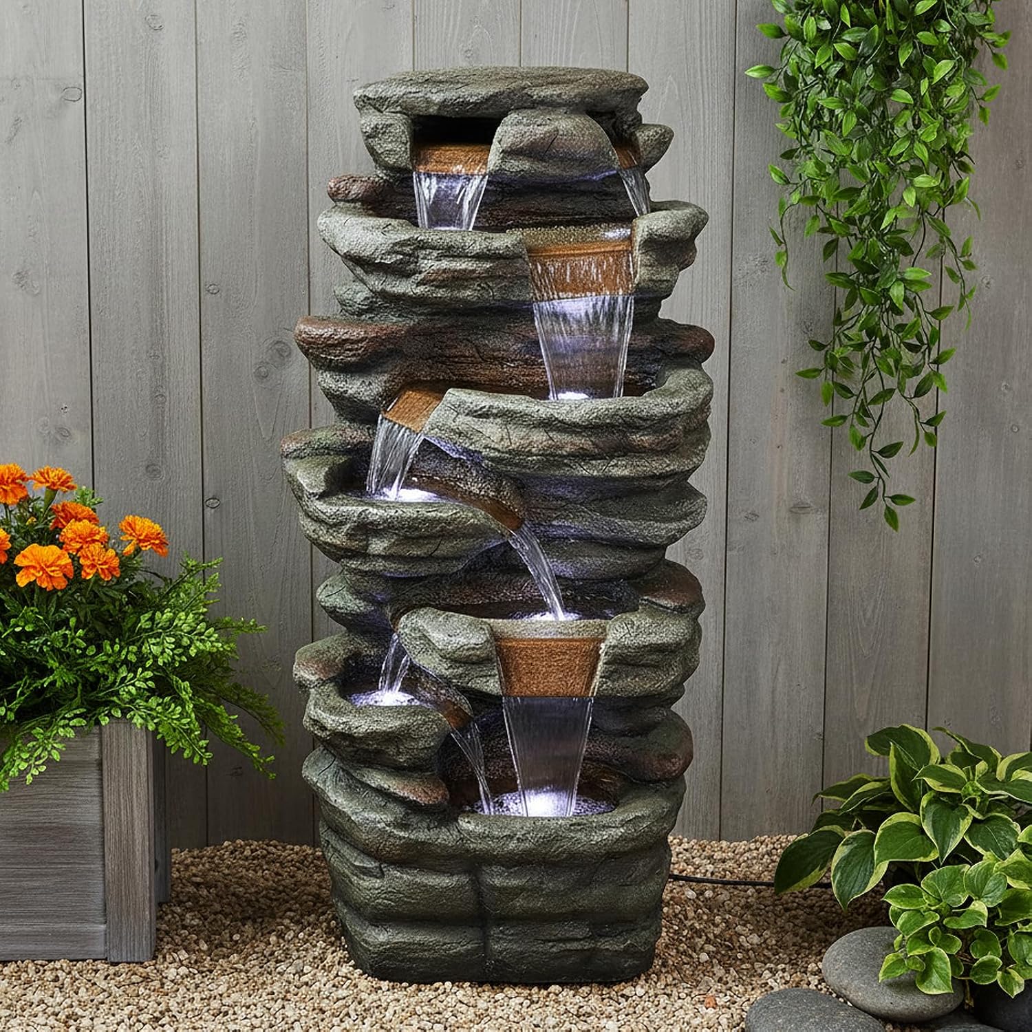 SunJet 40.5” High Rocks Outdoor Water Fountain - 6-Tiers Cascading Waterfall with LED Lights, Soothing Tranquility for Home Garden, Yard Decor