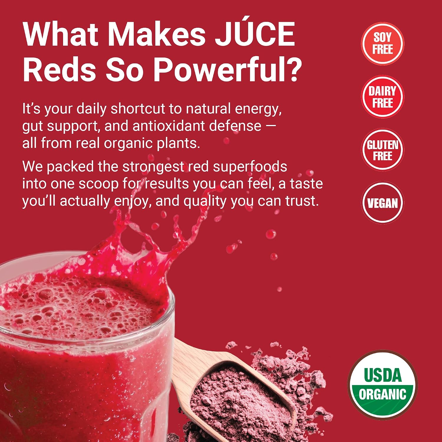 Juce Reds Organic Superfood Powder | Beet Root, 64 Superfoods | 20 Servings | Garden Berry flavor | Probiotics
