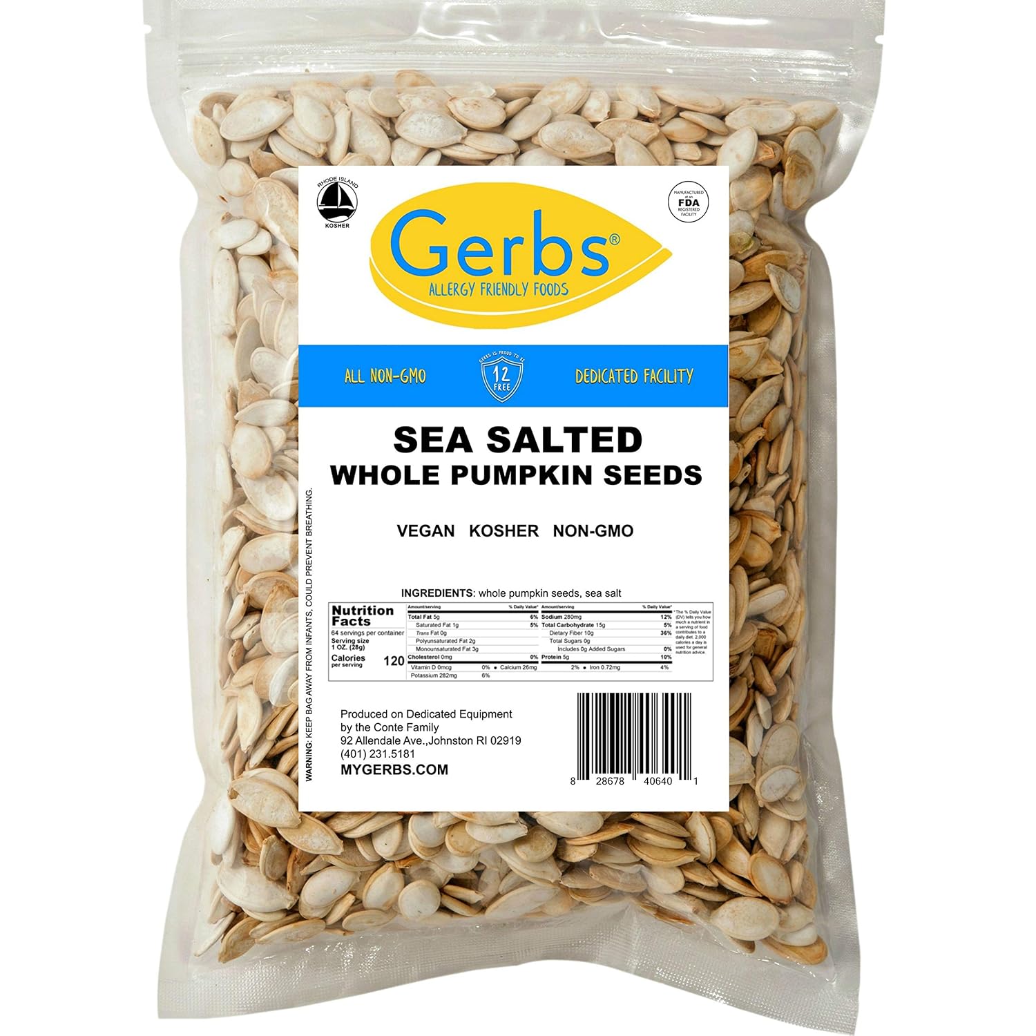 Gerbs Sea Salted Whole Pumpkin Seeds 4 lbs. | Small Batch Roasted, In-Shell, 10.5 mm | Naturally Crunchy & Mild | Top 14 Allergen-Free