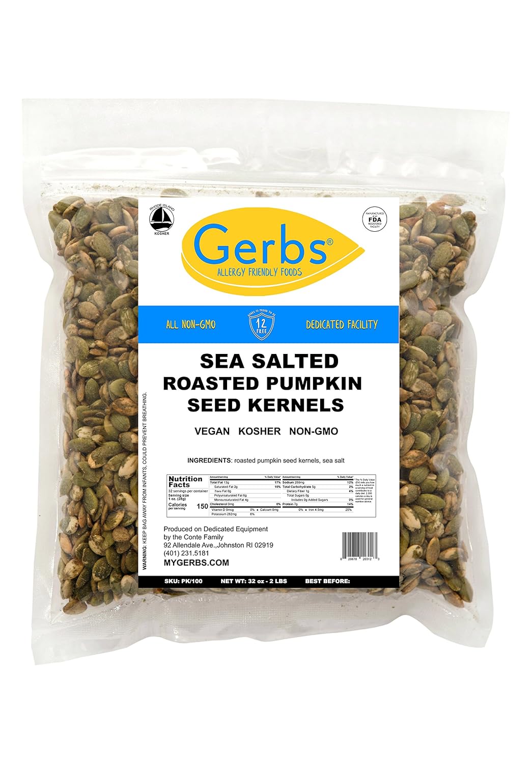 GERBS Sea Salted Pumpkin Seed Kernels 2 LBS|Top 14 Allergy Free Food |Use in salads, yogurt, baking, oatmeal, trail mix|Grown in Canada