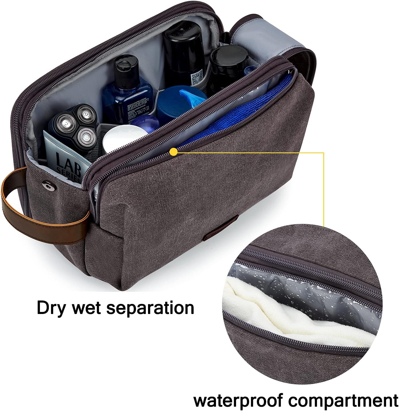 BAGSMART Toiletry Bag for Men, Canvas Travel Toiletry Organizer Dopp Kit Water-resistant Shaving Bag for Toiletries Accessories,Grey-Medium