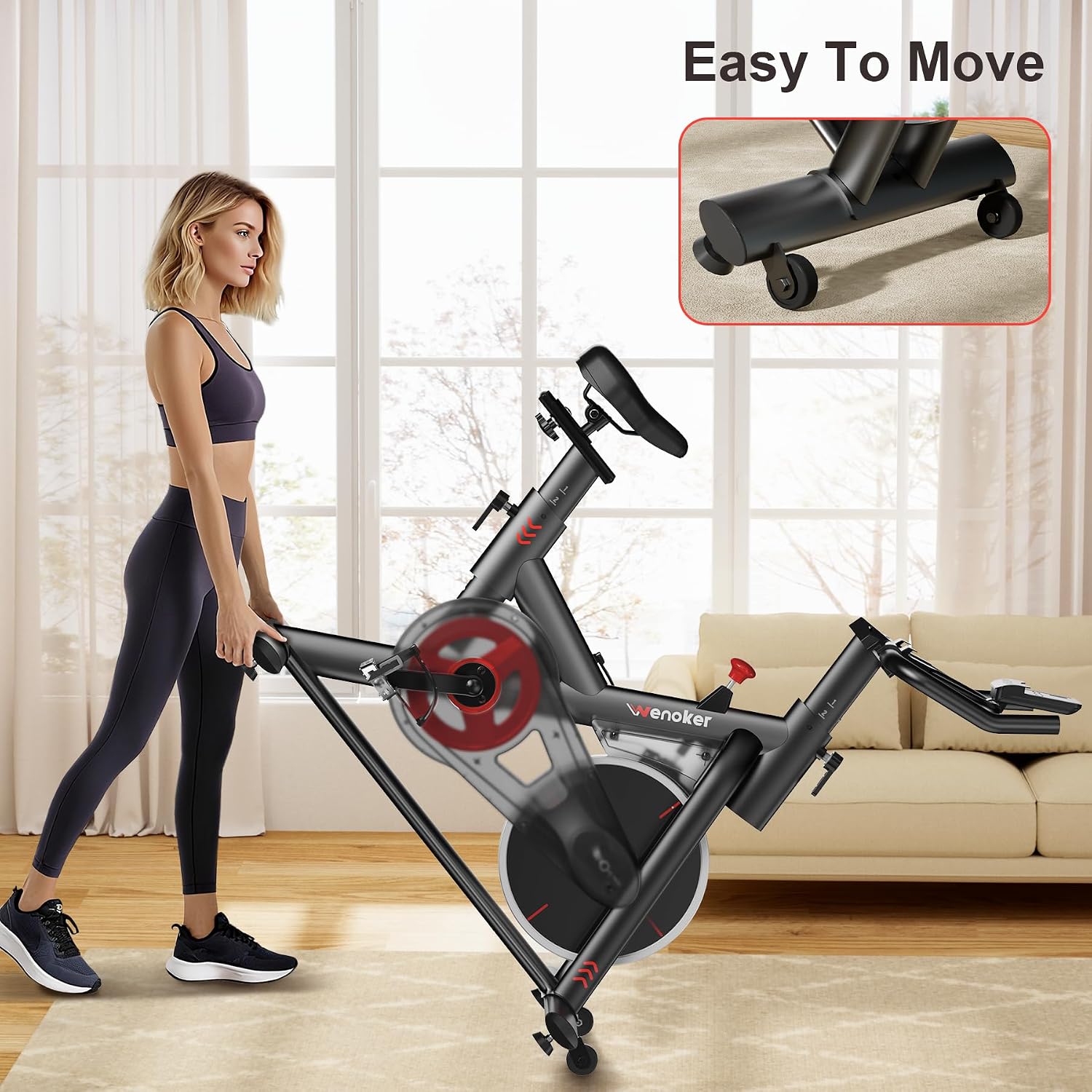 Wenoker Exercise Bike for Home, Magnetic Stationary Bike with App Sync, Indoor Cycling Bike with Adjustable Seat & Handlebar, Quiet Belt Drive, LCD Monitor, Tablet Holder & Transport Wheels for Cardio Workout
